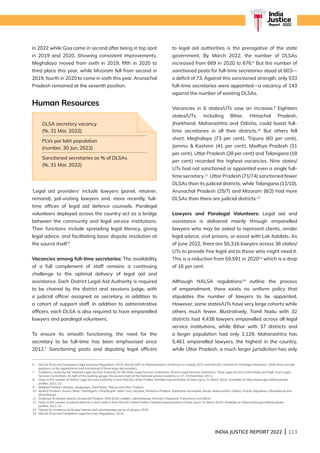 INDIA JUSTICE REPORT 2022 | 113
India
Justice
Report | 2022
in 2022 while Goa came in second after being in top spot
in 2019 and 2020. Showing consistent improvements,
Meghalaya moved from sixth in 2019, fifth in 2020 to
third place this year, while Mizoram fell from second in
2019, fourth in 2020 to come in sixth this year. Arunachal
Pradesh remained at the seventh position.
Human Resources
‘Legal aid providers’ include lawyers (panel, retainer,
remand), jail-visiting lawyers and, more recently, full-
time offices of legal aid defence counsels. Paralegal
volunteers deployed across the country act as a bridge
between the community and legal service institutions.
Their functions include spreading legal literacy, giving
legal advice, and facilitating basic dispute resolution at
the source itself.6
Vacancies among full-time secretaries: The availability
of a full complement of staff remains a continuing
challenge to the optimal delivery of legal aid and
assistance. Each District Legal Aid Authority is required
to be chaired by the district and sessions judge, with
a judicial officer assigned as secretary, in addition to
a cohort of support staff. In addition to administrative
officers, each DLSA is also required to have empanelled
lawyers and paralegal volunteers.
To ensure its smooth functioning, the need for the
secretary to be full-time has been emphasised since
2012.7
Sanctioning posts and deputing legal officers
to legal aid authorities is the prerogative of the state
government. By March 2022, the number of DLSAs
increased from 669 in 2020 to 676.8
But the number of
sanctioned posts for full-time secretaries stood at 603—
a deficit of 73. Against this sanctioned strength, only 533
full-time secretaries were appointed—a vacancy of 143
against the number of existing DLSAs.
Vacancies in 6 states/UTs saw an increase.9
Eighteen
states/UTs, including Bihar, Himachal Pradesh,
Jharkhand, Maharashtra and Odisha, could boast full-
time secretaries in all their districts.10
But others fell
short. Meghalaya (73 per cent), Tripura (60 per cent),
Jammu  Kashmir (41 per cent), Madhya Pradesh (31
per cent), Uttar Pradesh (28 per cent) and Telangana (18
per cent) recorded the highest vacancies. Nine states/
UTs had not sanctioned or appointed even a single full-
time secretary.11
Uttar Pradesh (71/74) sanctioned fewer
DLSAs than its judicial districts, while Telangana (11/10),
Arunachal Pradesh (25/7) and Mizoram (8/2) had more
DLSAs than there are judicial districts.12
Lawyers and Paralegal Volunteers: Legal aid and
assistance is delivered mainly through empanelled
lawyers who may be asked to represent clients, render
legal advice, visit prisons, or assist with Lok Adalats. As
of June 2022, there are 50,316 lawyers across 36 states/
UTs to provide free legal aid to those who might need it.
This is a reduction from 59,591 in 202013
which is a drop
of 16 per cent.
Although NALSA regulations14
outline the process
of empanelment, there exists no uniform policy that
stipulates the number of lawyers to be appointed.
However, some states/UTs have very large cohorts while
others much fewer. Illustratively, Tamil Nadu with 32
districts had 4,438 lawyers empanelled across all legal
service institutions, while Bihar with 37 districts and
a larger population had only 2,129. Maharashtra has
5,461 empanelled lawyers, the highest in the country,
while Uttar Pradesh, a much larger jurisdiction has only
6	
NALSA (Free and Competent Legal Services) Regulations 2010, NALSA SOP on Representation of Persons in Custody 2011 and NALSA’s Scheme for Paralegal Volunteers, 2009 which provide
guidance on the appointment and functioning of these legal-aid providers.
7 
Guidelines issued by the National Legal Services Authority for the State Legal Services Authorities, District Legal Services Authorities, Taluk Legal Services Committees and High Court Legal
Services Committees. (In light of the working groups’ discussions held at the National Judicial Academy on 17–19 December 2011).
8 
Data on the number of District Legal Services Authority is from NALSA’s State Profiles: Detailed representation of Data (up to 31 March 2022). Available at: https://nalsa.gov.in/library/state-
profiles-2021-22
9 
Madhya Pradesh, Manipur, Meghalaya, Tamil Nadu, Tripura and Uttar Pradesh.
10	
Andhra Pradesh, Assam, Bihar, Chandigarh, Chhattisgarh, Delhi, Goa, Haryana, Himachal Pradesh, Jharkhand, Karnataka, Kerala, Maharashtra, Odisha, Punjab, Rajasthan, Uttarakhand and
West Bengal.
11 Andaman  Nicobar Islands, Arunachal Pradesh, DNH  DD, Ladakh, Lakshadweep, Mizoram, Nagaland, Puducherry and Sikkim.
12 
Data on the number of judicial districts in each state is from NALSA’s State Profiles: Detailed representation of Data (up to 31 March 2022). Available at: https://nalsa.gov.in/library/state-
profiles-2021-22
13 Figures for Andaman  Nicobar Islands and Lakshadweep are as of January 2019.
14 NALSA (Free and Competent Legal Services) Regulations, 2010.
DLSA secretary vacancy
(%, 31 Mar, 2022)
PLVs per lakh population
(number, 30 Jun, 2022)
Sanctioned secretaries as % of DLSAs
(%, 31 Mar, 2022)
 