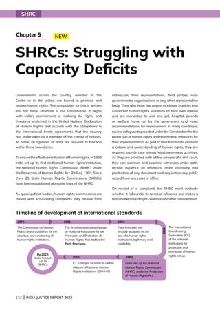 132 | INDIA JUSTICE REPORT 2022
Governments across the country, whether at the
Centre or in the states, are bound to promote and
protect human rights. The compulsion for this is written
into the basic structure of our Constitution. It aligns
with India’s commitment to realising the rights and
freedoms enshrined in the United Nations Declaration
of Human Rights and accords with the obligations in
the international treaty agreements that the country
has undertaken as a member of the comity of nations.
At home, all agencies of state are required to function
within these boundaries.
Toensuretheeffectiverealisationofhumanrights,in1993
India set up its first dedicated human rights institution,
the National Human Rights Commission (NHRC) under
the Protection of Human Rights Act (PHRA), 1993. Since
then, 25 State Human Rights Commissions (SHRCs)
have been established along the lines of the NHRC.
As quasi-judicial bodies, human rights commissions are
tasked with scrutinising complaints they receive from
individuals, their representatives, third parties, non-
governmental organisations or any other representative
body. They also have the power to initiate inquiries into
suspected human rights violations on their own volition
and are mandated to visit any jail, hospital, juvenile
or welfare home run by the government and make
recommendations for improvement in living conditions;
review safeguards provided under the Constitution for the
protection of human rights and recommend measures for
their implementation. As part of their function to promote
a culture and understanding of human rights, they are
required to undertake research and awareness activities.
As they are provided with all the powers of a civil court,
they can summon and examine witnesses under oath,
receive evidence on affidavits, order discovery and
production of any document and requisition any public
record from any court or office.
On receipt of a complaint, the SHRC must evaluate
whether it falls under its terms of reference and makes a
reasonablecaseofrightsviolationandafterconsideration,
SHRCs: Struggling with
Capacity Deficits
Chapter 5
SHRC
Timeline of development of international standards
The Commission on Human
Rights drafts guidelines for the
structure and functioning of
human rights institutions.
The first international workshop
on National Institutions for the
Promotion and Protection of
Human Rights that drafted the
Paris Principles.
Paris Principles are
broadly accepted as the
test of a human rights
institution’s legitimacy and
credibility.
The International
Coordinating
Committee (ICC)
of the national
institutions for
protection and
promotion of human
rights set up.
India sets up the National
Human Rights Commission
(NHRC) under the Protection
of Human Rights Act.
ICC changes its name to Global
Alliance of National Human
Rights Institutions (GANHRI)
1978 1991 1993
1993
1993
2016
By 2022:
India has set
up 25
SHRCs
 