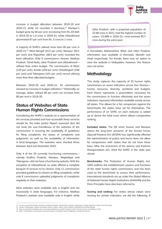 INDIA JUSTICE REPORT 2022 | 137
India
Justice
Report | 2022
increase in budget allocation between 2019-20 and
2020-21 while 10 recorded a decrease.22
Manipur’s
budget grew by 66 per cent, increasing from Rs. 83 lakh
in 2019-20 to 1.3 crore in 2020-21; while Uttarakhand
plummeted 67 per cent from Rs. 3 crore to 1 crore.
A majority of SHRCs utilised more than 60 per cent in
2020-21.23
West Bengal (32.2 per cent), Manipur (45.1
per cent) and Rajasthan (48.3 per cent) recorded the
least utilisation. Only 5 commissions—Assam, Madhya
Pradesh, Tamil Nadu, Uttar Pradesh and Uttarakhand—
utilised their entire budget. The commissions of Bihar
(119 per cent), Kerala (109 per cent) Chhattisgarh (106
per cent) and Telangana (101 per cent) record utilising
more than their allocated budgets.
Between 2019-20 and 2020-21, 10 commissions
showed an increase in budget utilisation.24
Nationally, on
average, states utilised 86 per cent—an increase from
80 per cent in 2019-20.
Status of Websites of State
Human Rights Commissions
Considering the NHRC’s website as a representation of
the services provided and how accessible these services
should be, the India Justice Report assessed (but did
not rank) the user-friendliness of the websites of the
commissions in ensuring the availability of guidelines
for filing complaints, the status of complaints and
judgments, as well as the availability of information
in local languages. The websites were checked thrice
between April and November 2022.
Only 4 of the 25 currently functioning commissions—
namely Andhra Pradesh, Manipur, Meghalaya and
Telangana—did not have a functioning website. With the
exception of Uttarakhand, no state offered a complete
bouquet of services to its citizens. Only 11 commissions
provided guidelines to citizens on filing complaints, while
only 6 commissions uploaded judgments of complaints
regularly on their websites.
Most websites were available only in English and not
necessarily in state languages. For instance, Madhya
Pradesh’s website was available only in English while
in Karnataka, Maharashtra, Bihar and Uttar Pradesh,
information was available in Kannada, Marathi and
Hindi respectively. For Kerala, there was an option to
view the website in Malayalam, however, this feature
was not active.
Methodology
This study captures the capacity of 25 human rights
commissions on seven indicators across four themes—
human resources, diversity, workload and budgets.
Each theme represents a precondition necessary for
the commissions to function effectively and the seven
indicators represent information available evenly across
all states. This allows for a fair comparison against the
benchmarks the states have set for themselves. The
performance of an SHRC on each indicator is added
up to derive the total score which allows comparative
ranking.
Excluded states: The IJR omits Assam and Manipur
where the long-term presence of the Armed Forces
(Special Powers) Act (AFSPA) has significantly affected
the administration of justice and hence does not allow
for comparisons with states that do not have these
laws. After the enactment of the Jammu and Kashmir
Reorganisation Act, 2019 the SHRC in the state was
closed.
Benchmarks: The Protection of Human Rights Act,
1993 outlines the establishment, powers and functions
of the state human rights commissions, and has been
used as the benchmark to assess their performance.
International standards set up under the Global Alliance
of National Human Rights Institutions (GANHRI) and the
Paris Principles have also been referred to.
Scoring and ranking: For states whose values were
missing for certain indicators, we did the following. If
21 Haryana, Himachal Pradesh, Jharkhand, Madhya Pradesh, Maharashtra, Manipur, Meghalaya, Punjab, Rajasthan, Sikkim and Tamil Nadu.
22 Assam, Chhattisgarh, Gujarat, Karnataka, Kerala, Odisha, Tripura, Uttar Pradesh, Uttarakhand and West Bengal.
23 Data on utilisation of budgets does not include utilisation by Andhra Pradesh as the commission was constituted in 2021.
24 Bihar, Chhattisgarh, Goa, Gujarat, Himachal Pradesh, Karnataka, Kerala, Meghalaya, Punjab and Tripura.
Uttar Pradesh, with a projected population of
23.48 crore in 2021, had the highest number of
cases—22,989 in 2020-21—and received ₹5.7
crore during the same year.
 