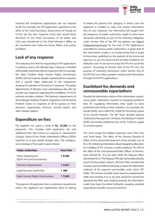 INDIA JUSTICE REPORT 2022 | 143
received the transferred applications did not respond
at all. For example, the RTI application submitted to the
office of the Chief Secretary, Government of Punjab on
CCTVs (as the Hon. Supreme Court had issued these
directions to the Chief Secretaries of all states and
UTs) was transferred to the Chief Minister’s Office as
the incumbent also holds the Home Affairs and Justice
portfolios.
Lack of any response
The statutory time limit for responding to RTI applications
in ordinary cases is 30 calendar days. However, a handful
of the public authorities did not respond at all. For example,
the Uttar Pradesh State Human Rights Commission
(SHRC) did not respond, despite repeated phone enquiries
and a specific letter addressed to the chairperson
drawing his attention to the lack of a response. The police
departments of Manipur and Lakshadweep also did not
provide any response regarding the installation of CCTV
cameras at police stations. The forensics departments of
West Bengal, Madhya Pradesh, Rajasthan and Himachal
Pradesh made no response at all to queries on their
structure, organisation, finances, annual reports and
other related matters.
Expenditure on fees
Put together we spent a total of Rs. 17,202 on fee
payments. This includes both application fee and
additional fees also known as copying or reproduction
charges. Some of the Public Information Officers (PIOs)
required us to pay postal charges also. The category-
wise breakup of fees paid is given below:
The payment of application fee is a statutory requirement
unless the applicant can legitimately claim to belong
to below the poverty line category in which case the
applicant is entitled to seek and receive information
free of cost. However, the information IJR sought from
all categories of public authorities ought to have been
disclosed voluntarily as part of the statutory obligation
under Section 4(1) of the RTI Act (please see https://
indiajusticereport.org/ for the text of RTI applications
submitted to various public authorities). A great deal of
the information sought is so fundamental that it ought
to have been published on the website of the concerned
agencies as per the Government of India Guidelines for
Websites even if one were to keep the RTI Act out of the
picture.7
According to Section 4(2) of the RTI Act, the
purpose of voluntary disclosures under Section 4(1) of
the RTI Act is to reduce people’s need to seek information
through formal RTI applications.
Exorbitant fee demands and
unreasonable expectations
Despite the elementary nature of the information sought,
some public authorities resorted to charging exorbitant
fees for supplying information they ought to have
published voluntarily on their websites. For example, the
Kerala SHRC sent a bill of Rs. 3,000 for furnishing copies
of its Annual Reports. The IJR Team decided against
making this fee payment. Similarly, the Madhya Pradesh
SHRC demanded additional fees of Rs. 1,010 to supply
its annual reports.
The most unique fee-related responses came from Goa
and Tamil Nadu. The office of the Director General of
Police of Goa demanded payment of the princely sum of
Rs. 2 for obtaining information about budgetary allocation
for installing CCTV cameras in police stations! The PIO of
the office of the Sub-Divisional Police Officer at Pernem,
Goa wanted Rs. 4 to be paid while the Mapusa office
demanded Rs. 6. The Mapusa PIO also demanded identity
proof of being Indian citizens. All three PIOs insisted that
we pay in person without advising us about the alternative
methods of fee payment permissible under Goa’s RTI
Rules. The amount of public funds spent on preparing the
reply and sending it to us by post would far exceed the
demands the PIOs were making. Instead, the information
could have been furnished forthwith, avoiding wasteful
expenditure of public resources and time.
India
Justice
Report | 2022
7 See Guidelines for Government Websites 3.0 on the dedicated website of the Government of India at: Exorbitant fee demands https://guidelines.india.gov.in/introduction/ accessed on 03/03/2023.
Public Authorities Fees Paid

Police Departments ₹ 8,260
(DGP and Chief Secretaries)
Forensics Departments ₹ 1,517
Legal Services Authorities ₹ 380
State Human Rights Commissions ₹ 7,045
 
