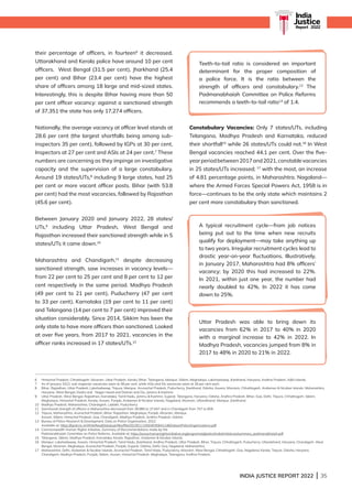 INDIA JUSTICE REPORT 2022 | 35
their percentage of officers, in fourteen6
it decreased.
Uttarakhand and Kerala police have around 10 per cent
officers. West Bengal (31.5 per cent), Jharkhand (25.4
per cent) and Bihar (23.4 per cent) have the highest
share of officers among 18 large and mid-sized states.
Interestingly, this is despite Bihar having more than 50
per cent officer vacancy: against a sanctioned strength
of 37,351 the state has only 17,274 officers.
Nationally, the average vacancy at officer level stands at
28.6 per cent (the largest shortfalls being among sub-
inspectors 35 per cent), followed by IGPs at 30 per cent,
Inspectors at 27 per cent and ASIs at 24 per cent.7
These
numbers are concerning as they impinge on investigative
capacity and the supervision of a large constabulary.
Around 19 states/UTs,8
including 9 large states, had 25
per cent or more vacant officer posts. Bihar (with 53.8
per cent) had the most vacancies, followed by Rajasthan
(45.6 per cent).
Between January 2020 and January 2022, 28 states/
UTs,9
including Uttar Pradesh, West Bengal and
Rajasthan increased their sanctioned strength while in 5
states/UTs it came down.10
Maharashtra and Chandigarh,11
despite decreasing
sanctioned strength, saw increases in vacancy levels—
from 22 per cent to 25 per cent and 8 per cent to 12 per
cent respectively in the same period. Madhya Pradesh
(49 per cent to 21 per cent), Puducherry (47 per cent
to 33 per cent), Karnataka (19 per cent to 11 per cent)
and Telangana (14 per cent to 7 per cent) improved their
situation considerably. Since 2014, Sikkim has been the
only state to have more officers than sanctioned. Looked
at over five years, from 2017 to 2021, vacancies in the
officer ranks increased in 17 states/UTs.12
Constabulary Vacancies: Only 7 states/UTs, including
Telangana, Madhya Pradesh and Karnataka, reduced
their shortfall15
while 26 states/UTs could not.16
In West
Bengal vacancies reached 44.1 per cent. Over the five-
yearperiodbetween2017and2021,constablevacancies
in 25 states/UTs increased; 17
with the most, an increase
of 4.81 percentage points, in Maharashtra. Nagaland—
where the Armed Forces Special Powers Act, 1958 is in
force—continues to be the only state which maintains 2
per cent more constabulary than sanctioned.
6 
Himachal Pradesh, Chhattisgarh, Mizoram, Uttar Pradesh, Kerala, Bihar, Telangana, Manipur, Sikkim, Meghalaya, Lakshadweep, Jharkhand, Haryana, Andhra Pradesh, AN Islands.
7 As of January 2022, sub-inspector vacancies were at 38 per cent, while ASIs and SIs vacancies were at 28 per cent each.
8 
Bihar, Rajasthan, Uttar Pradesh, Lakshadweep, Tripura, Manipur, Arunachal Pradesh, Puducherry, Jharkhand, Odisha, Assam, Mizoram, Chhattisgarh, Andaman  Nicobar Islands, Maharashtra,
Haryana, West Bengal, Dadra and Nagar Haveli and Daman and Diu, Jammu  Kashmir.
9 
Uttar Pradesh, West Bengal, Rajasthan, Karnataka, Tamil Nadu, Jammu  Kashmir, Gujarat, Telangana, Haryana, Odisha, Andhra Pradesh, Bihar, Goa, Delhi, Tripura, Chhattisgarh, Sikkim,
Meghalaya, Himachal Pradesh, Kerala, Assam, Punjab, Andaman  Nicobar Islands, Nagaland, Mizoram, Uttarakhand, Manipur, Jharkhand.
10	
Madhya Pradesh, Maharashtra, Chandigarh, Ladakh, Puducherry.
11 
Sanctioned strength of officers in Maharashtra decreased from 39,985 to 37,647 and in Chandigarh from 707 to 609.
12 
Tripura, Maharashtra, Arunachal Pradesh, Bihar, Rajasthan, Meghalaya, Punjab, Mizoram, Manipur,
Assam, 
Sikkim, Himachal Pradesh, Goa, Chandigarh, Madhya Pradesh, Andhra Pradesh, Odisha
13	
Bureau of Police Research  Development, Data on Police Organisation, 2022.
Available at: https://bprd.nic.in/WriteReadData/userfiles/file/202301110504030641146DataonPoliceOrganizations.pdf
14	
Commonwealth Human Rights Initiative, Summary of Recommendations made by the
Padmanabhaiah Committee on Police Reforms. Available at: https://www.humanrightsinitiative.org/programs/aj/police/india/initiatives/summary_padmanabhaiah.pdf
15 
Telangana, Sikkim, Madhya Pradesh, Karnataka, Kerala, Rajasthan, Andaman  Nicobar Islands.
16 
Manipur, Lakshadweep, Assam, Himachal Pradesh, Tamil Nadu, Jharkhand, Andhra Pradesh, Uttar Pradesh, Bihar, Tripura, Chhattisgarh, Puducherry, Uttarakhand, Haryana, Chandigarh, West
Bengal, Mizoram, Meghalaya, Arunachal Pradesh, Punjab, Gujarat, Odisha, Delhi, Goa, Nagaland, Maharashtra.
17 
Maharashtra, Delhi, Andaman  Nicobar Islands, Arunachal Pradesh, Tamil Nadu, Puducherry, Mizoram, West Bengal, Chhattisgarh, Goa, Nagaland, Kerala, Tripura, Odisha, Haryana,
Chandigarh, Madhya Pradesh, Punjab, Sikkim, Assam, Himachal Pradesh, Meghalaya, Telangana, Andhra Pradesh.
India
Justice
Report | 2022
Teeth-to-tail ratio is considered an important
determinant for the proper composition of
a police force. It is the ratio between the
strength of officers and constabulary.13
The
Padmanabhaiah Committee on Police Reforms
recommends a teeth-to-tail ratio14
of 1:4.
Uttar Pradesh was able to bring down its
vacancies from 62% in 2017 to 40% in 2020
with a marginal increase to 42% in 2022. In
Madhya Pradesh, vacancies jumped from 8% in
2017 to 48% in 2020 to 21% in 2022.
A typical recruitment cycle—from job notices
being put out to the time when new recruits
qualify for deployment—may take anything up
to two years. Irregular recruitment cycles lead to
drastic year-on-year fluctuations. Illustratively,
in January 2017, Maharashtra had 8% officers’
vacancy; by 2020 this had increased to 22%.
In 2021, within just one year, the number had
nearly doubled to 42%. In 2022 it has come
down to 25%.
 