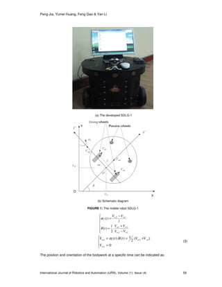 Peng Jia, Yumei Huang, Feng Gao & Yan Li
International Journal of Robotics and Automation (IJRA), Volume (1): Issue (4) 59






−
+
=
−
=
12
21
12
.
2
)(
)(
ww
ww
ww
v
VV
VVl
tR
l
VV
tω




=
+==
0
).(
2
1)().( 12
ovy
wwvovx
V
VVtRtV ω
(3)
The position and orientation of the bodywork at a specific time can be indicated as:
(a) The developed SDLG-1
(b) Schematic diagram
FIGURE 1: The mobile robot SDLG-1
 