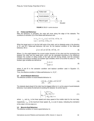 Peng Jia, Yumei Huang, Feng Gao & Yan Li
International Journal of Robotics and Automation (IJRA), Volume (1): Issue (4) 62
3.1 Follow-wall Behaviour
After the behaviour is activated, the robot will move along the edge of the obstacle. The
conditions of activation (A) of the follow-wall behaviours are:
)002(
)002()(
108
42maxmax
>>−<
>>>>>
RR
RRIrIl
IIU
IIUI
πζ
πζ (7)
When the target point is in the first half cycle of the robot, and no obstacle exists in the direction
of S1 and S11, follow-wall behaviour will end. So the backout condition of the follow-wall
behaviour (B) is :
00]2,2[ 111 <<−∈ RR IIππζ (8)
Where, ζ is the angle between the current motion direction of the robot and the connecting line
between the robot and the target point, which can be calculated according to the difference
between the number of rolling circles of the right and left driving wheels, and the activation
condition and backout condition are boolean type variables, which is true when its value is 1. The
boolean type variables are defined as:



=
=
=
1,0
1,1
B
A
c (9)
where A and B is the activation condition and backout condition used in Equation (7),
respectively.
Thus, the effective condition of follow-wall behaviour is CAU .
3.2 Avoid-Obstacle Behaviour
The effective condition of avoid-obstacle behaviour is:
U U II
40 118
0)(
≤≤ ≤≤
>∪
i i
ii CARR (10)
The obstacle dead ahead of the robot has the biggest effect on it, so the output of avoid-obstacle
behaviour must satisfy the demand of avoiding the obstacle. Its control input is:








>∆−
≤∆
=
=
rlt
rlt
vtv
a
a
a
a
,/
,/
)(
0
0
0
max0
θ
θ
ω
(11)
where 0av and 0aω is the linear speed and rotary speed of the mobile robot for the next step,
respectively, maxv is the maximum linear speed, 0aθ is a set of values, indicating the orientation
of the robot in its one-step turn.
3.3 Move-to-Goal Behaviour
The effective condition of move-to-goal behaviour is:
Follow-wall
Move-to-goal
Avoid-obstacle
Actuator
s
s
FIGURE 3: SDLG-1 control structure
 