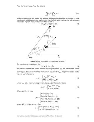 Peng Jia, Yumei Huang, Feng Gao & Yan Li
International Journal of Robotics and Automation (IJRA), Volume (1): Issue (4) 63
I II
40 118
1
≤≤ ≤≤
−=
i i
ii RR (12),
When the robot does not detect any obstacle, move-to-goal behaviour is activated. A polar
coordinate is established with the starting point S as the Pole point, X axis as the pole axis, as is
indicated in Figure 4, the current position of the robot R is:
πββρ 2)(0),(,( ≤≤ ttR (13)
The coordinate of the goal point D is:
πααρ 20),,( ≤≤D (14)
The distance between the current position and the goal point is RD and the expected turning
angle is )(tφ . Because of the limit of the maximum angular rate maxω , the planned control input of
move-to-goal behaviour is:




∆<∆
∆≥
=
tvRDtRD
tvRDv
tvmtg
max
maxmax
,/
,
)( (15)
where maxv is the maximum straight-line motion speed of the robot, and also:



≤
≥
=
max
maxmax
)(),(
)(,
)(
ωωω
ωωω
ω
ττ
τ
tt
t
tmtg (16)
Where, ttt ∆= /)()( γωτ







∈−
−−∈+
−∈+
∈
=
]3,2[)(,2)(
]2,3[)(,4)(
]0,2[)(,2)(
]2,0[)(),(
)(
ππδπδ
ππδπδ
πδπδ
πδδ
γ
tt
tt
tt
tt
t (17)
Where, )()()1()( ttt k
θαψδ −+−=



∪−∈−
−∪∈−
=
]2,[]0,[)(,1
],2[],0[)(,0
πππβα
πππβα
t
t
k (18)
FIGURE 4: Polar coordinate of the move-to-goal behaviour
 