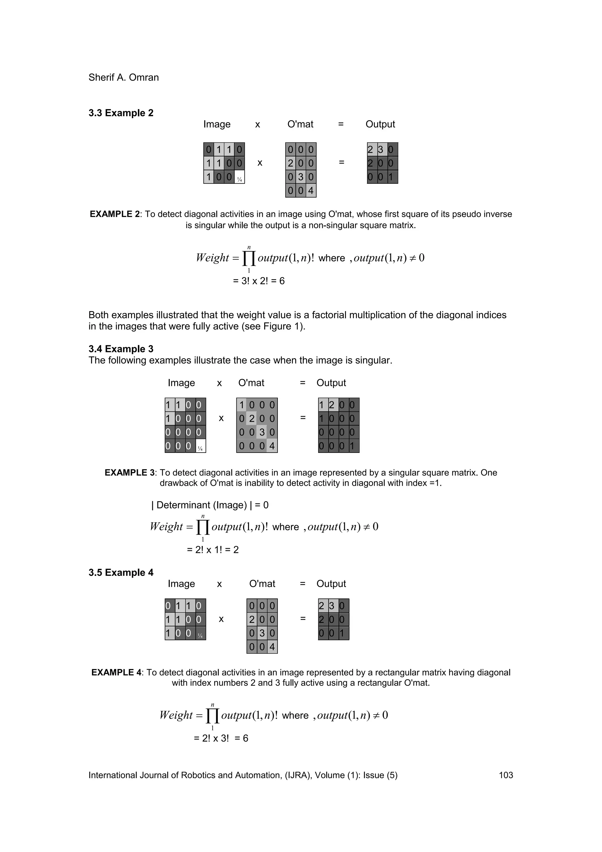 Sherif A. Omran
International Journal of Robotics and Automation, (IJRA), Volume (1): Issue (5) 103
3.3 Example 2
Image x O'mat = Output
EXAMPLE 2: To detect diagonal activities in an image using O'mat, whose first square of its pseudo inverse
is singular while the output is a non-singular square matrix.

n
noutputWeight
1
)!,1( where 0),1(, noutput
= 3! x 2! = 6
Both examples illustrated that the weight value is a factorial multiplication of the diagonal indices
in the images that were fully active (see Figure 1).
3.4 Example 3
The following examples illustrate the case when the image is singular.
Image x O'mat = Output
EXAMPLE 3: To detect diagonal activities in an image represented by a singular square matrix. One
drawback of O'mat is inability to detect activity in diagonal with index =1.
| Determinant (Image) | = 0

n
noutputWeight
1
)!,1( where 0),1(, noutput
= 2! x 1! = 2
3.5 Example 4
Image x O'mat = Output
EXAMPLE 4: To detect diagonal activities in an image represented by a rectangular matrix having diagonal
with index numbers 2 and 3 fully active using a rectangular O'mat.

n
noutputWeight
1
)!,1( where 0),1(, noutput
= 2! x 3! = 6
0 1 1 0 0 0 0 2 3 0
1 1 0 0 x 2 0 0 = 2 0 0
1 0 0 ¼ 0 3 0 0 0 1
0 0 0 0 0 4
1 1 0 0 1 0 0 0 1 2 0 0
1 0 0 0 x 0 2 0 0 = 1 0 0 0
0 0 0 0 0 0 3 0 0 0 0 0
0 0 0 ¼ 0 0 0 4 0 0 0 1
0 1 1 0 0 0 0 2 3 0
1 1 0 0 x 2 0 0 = 2 0 0
1 0 0 ¼ 0 3 0 0 0 1
0 0 4
 