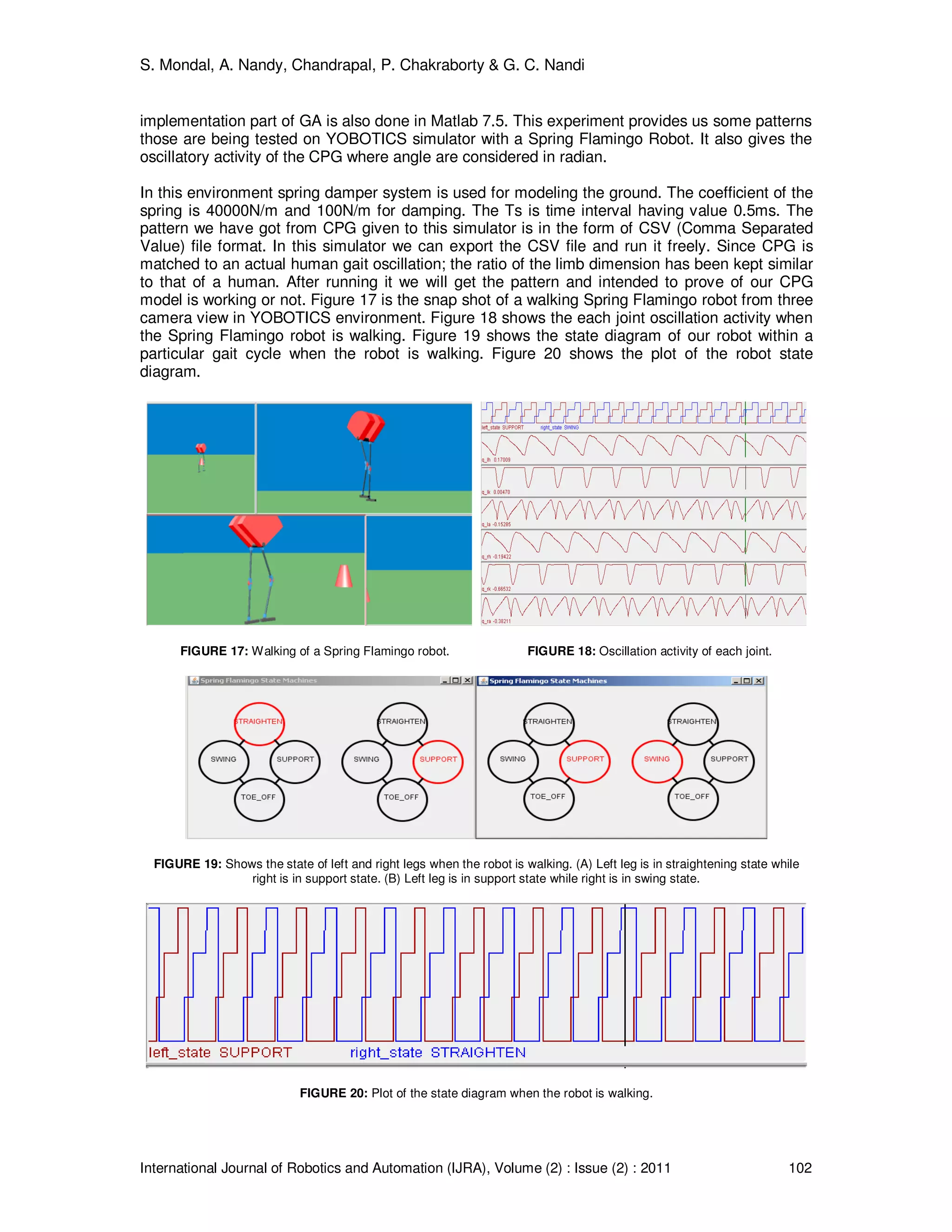 S. Mondal, A. Nandy, Chandrapal, P. Chakraborty & G. C. Nandi
International Journal of Robotics and Automation (IJRA), Volume (2) : Issue (2) : 2011 102
implementation part of GA is also done in Matlab 7.5. This experiment provides us some patterns
those are being tested on YOBOTICS simulator with a Spring Flamingo Robot. It also gives the
oscillatory activity of the CPG where angle are considered in radian.
In this environment spring damper system is used for modeling the ground. The coefficient of the
spring is 40000N/m and 100N/m for damping. The Ts is time interval having value 0.5ms. The
pattern we have got from CPG given to this simulator is in the form of CSV (Comma Separated
Value) file format. In this simulator we can export the CSV file and run it freely. Since CPG is
matched to an actual human gait oscillation; the ratio of the limb dimension has been kept similar
to that of a human. After running it we will get the pattern and intended to prove of our CPG
model is working or not. Figure 17 is the snap shot of a walking Spring Flamingo robot from three
camera view in YOBOTICS environment. Figure 18 shows the each joint oscillation activity when
the Spring Flamingo robot is walking. Figure 19 shows the state diagram of our robot within a
particular gait cycle when the robot is walking. Figure 20 shows the plot of the robot state
diagram.
FIGURE 17: Walking of a Spring Flamingo robot. FIGURE 18: Oscillation activity of each joint.
FIGURE 19: Shows the state of left and right legs when the robot is walking. (A) Left leg is in straightening state while
right is in support state. (B) Left leg is in support state while right is in swing state.
FIGURE 20: Plot of the state diagram when the robot is walking.
 