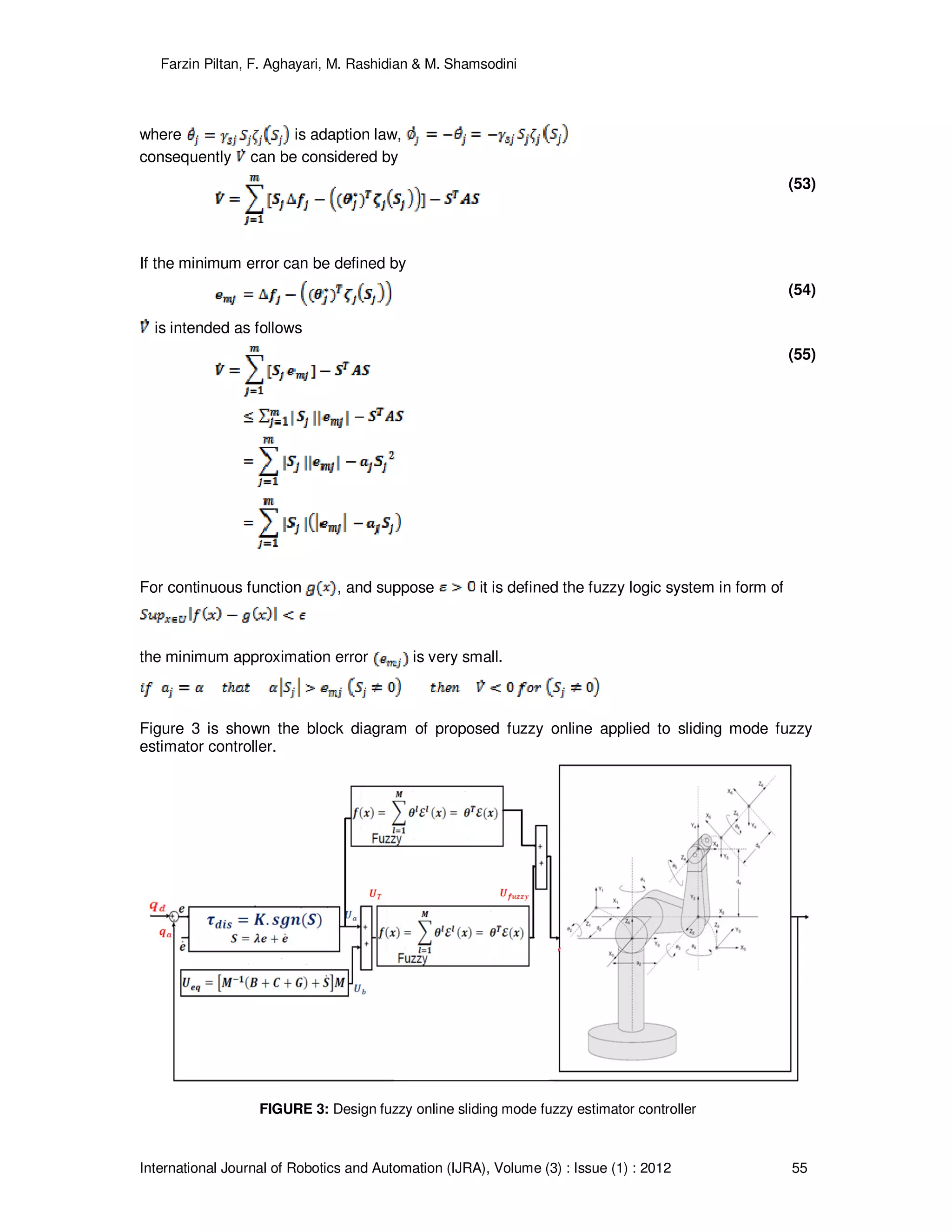 Farzin Piltan, F. Aghayari, M. Rashidian & M. Shamsodini
International Journal of Robotics and Automation (IJRA), Volume (3) : Issue (1) : 2012 55
where is adaption law,
consequently can be considered by
(53)
If the minimum error can be defined by
(54)
is intended as follows
(55)
For continuous function , and suppose it is defined the fuzzy logic system in form of
the minimum approximation error is very small.
Figure 3 is shown the block diagram of proposed fuzzy online applied to sliding mode fuzzy
estimator controller.
FIGURE 3: Design fuzzy online sliding mode fuzzy estimator controller
 