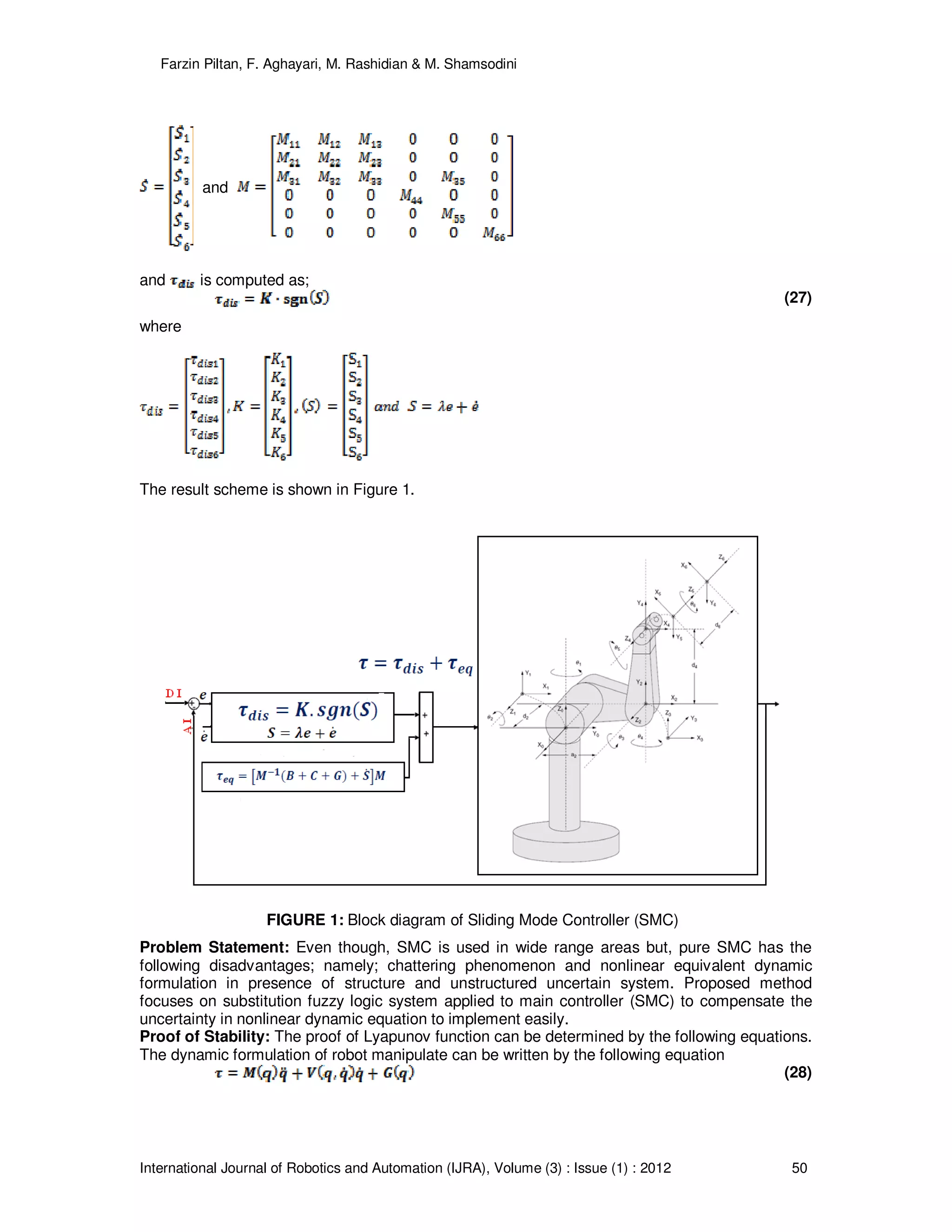Farzin Piltan, F. Aghayari, M. Rashidian & M. Shamsodini
International Journal of Robotics and Automation (IJRA), Volume (3) : Issue (1) : 2012 50
and
and is computed as;
(27)
where
The result scheme is shown in Figure 1.
Problem Statement: Even though, SMC is used in wide range areas but, pure SMC has the
following disadvantages; namely; chattering phenomenon and nonlinear equivalent dynamic
formulation in presence of structure and unstructured uncertain system. Proposed method
focuses on substitution fuzzy logic system applied to main controller (SMC) to compensate the
uncertainty in nonlinear dynamic equation to implement easily.
Proof of Stability: The proof of Lyapunov function can be determined by the following equations.
The dynamic formulation of robot manipulate can be written by the following equation
(28)
FIGURE 1: Block diagram of Sliding Mode Controller (SMC)
 