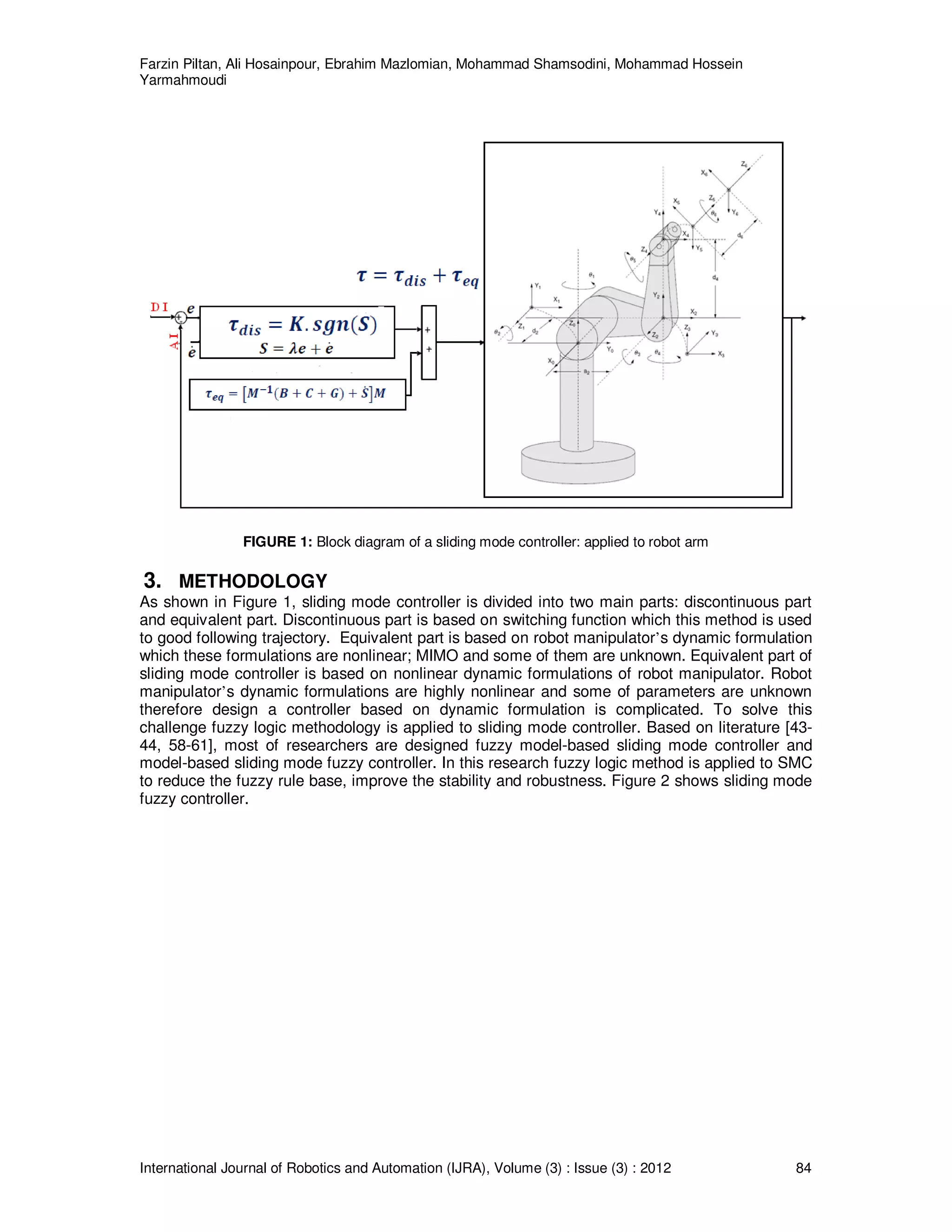 Farzin Piltan, Ali Hosainpour, Ebrahim Mazlomian, Mohammad Shamsodini, Mohammad Hossein
Yarmahmoudi
International Journal of Robotics and Automation (IJRA), Volume (3) : Issue (3) : 2012 84
FIGURE 1: Block diagram of a sliding mode controller: applied to robot arm
3. METHODOLOGY
As shown in Figure 1, sliding mode controller is divided into two main parts: discontinuous part
and equivalent part. Discontinuous part is based on switching function which this method is used
to good following trajectory. Equivalent part is based on robot manipulator’s dynamic formulation
which these formulations are nonlinear; MIMO and some of them are unknown. Equivalent part of
sliding mode controller is based on nonlinear dynamic formulations of robot manipulator. Robot
manipulator’s dynamic formulations are highly nonlinear and some of parameters are unknown
therefore design a controller based on dynamic formulation is complicated. To solve this
challenge fuzzy logic methodology is applied to sliding mode controller. Based on literature [43-
44, 58-61], most of researchers are designed fuzzy model-based sliding mode controller and
model-based sliding mode fuzzy controller. In this research fuzzy logic method is applied to SMC
to reduce the fuzzy rule base, improve the stability and robustness. Figure 2 shows sliding mode
fuzzy controller.
 