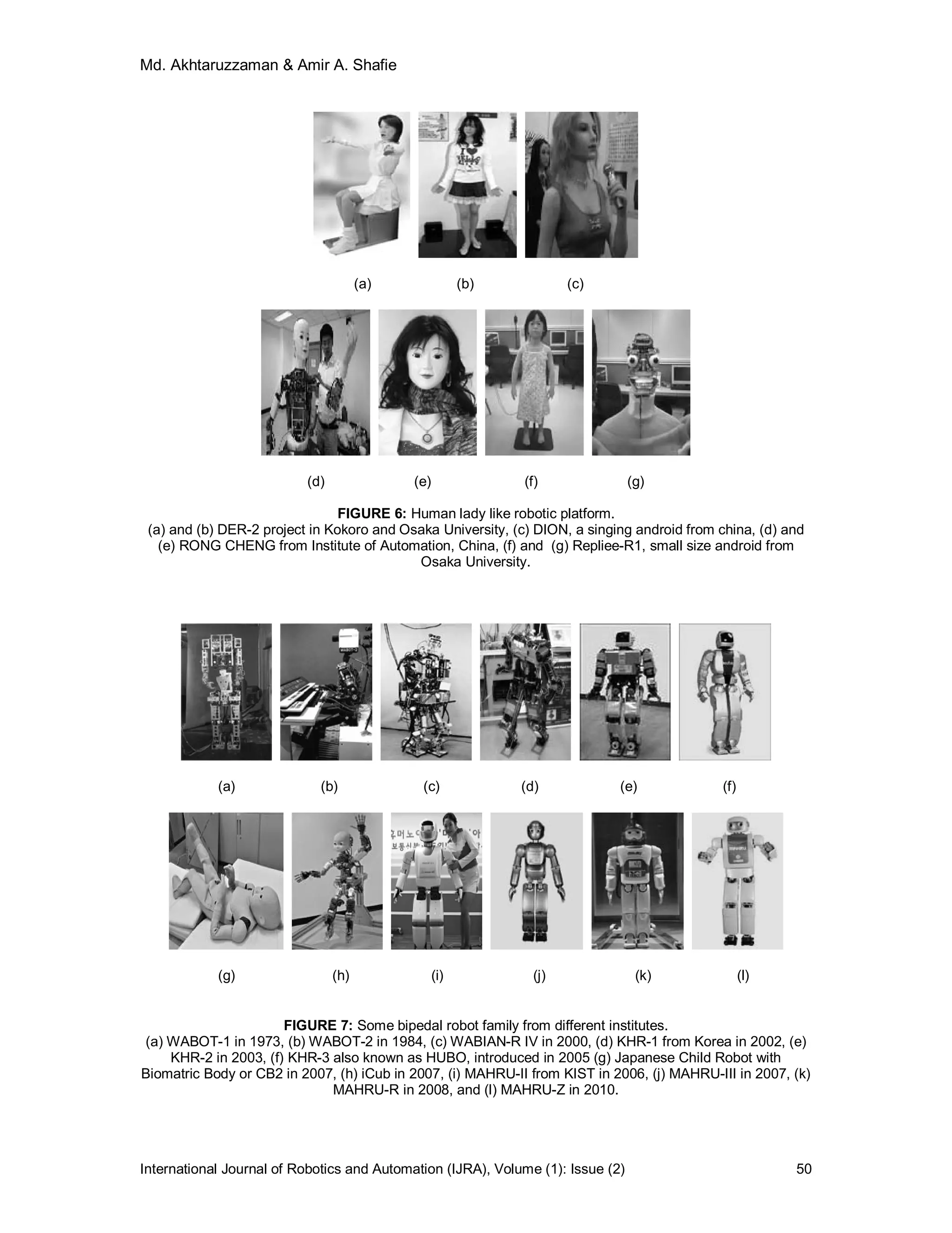 Md. Akhtaruzzaman & Amir A. Shafie
International Journal of Robotics and Automation (IJRA), Volume (1): Issue (2) 50
(a) (b) (c)
(d) (e) (f) (g)
FIGURE 6: Human lady like robotic platform.
(a) and (b) DER-2 project in Kokoro and Osaka University, (c) DION, a singing android from china, (d) and
(e) RONG CHENG from Institute of Automation, China, (f) and (g) Repliee-R1, small size android from
Osaka University.
(a) (b) (c) (d) (e) (f)
(g) (h) (i) (j) (k) (l)
FIGURE 7: Some bipedal robot family from different institutes.
(a) WABOT-1 in 1973, (b) WABOT-2 in 1984, (c) WABIAN-R IV in 2000, (d) KHR-1 from Korea in 2002, (e)
KHR-2 in 2003, (f) KHR-3 also known as HUBO, introduced in 2005 (g) Japanese Child Robot with
Biomatric Body or CB2 in 2007, (h) iCub in 2007, (i) MAHRU-II from KIST in 2006, (j) MAHRU-III in 2007, (k)
MAHRU-R in 2008, and (l) MAHRU-Z in 2010.
 