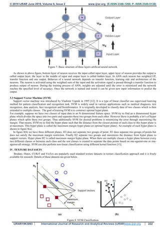 © 2019 IJRAR June 2019, Volume 6, Issue 2 www.ijrar.org (E-ISSN 2348-1269, P- ISSN 2349-5138)
IJRAR19K3893 International Journal of Research and Analytical Reviews (IJRAR)www.ijrar.org 222
Figure 7: Basic structure of three layers artificial neural network.
As shown in above figure, bottom layer of neuron receives the input called input layer, upper layer of neuron provides the output is
called output layer, the layer in the middle of input and output layer is called hidden layer. In ANN each neuron has weighted I/P,
transfer function and one output. Behavior of a neural network depends on transfer function, learning rule and architecture of the
neurons. The neuron is activated using the weighted sum of the input and the activation signal is passed through a transfer function to
produce output of neuron. During the training process of ANN, weights are adjusted until the error is minimized and the network
reaches the specified level of accuracy. Once the network is trained and tested it can be given new input information to predict the
output.
3.3 Support Vector Machine (SVM)
Support vector machine was introduced by Vladimir Vapnik in 1995 [12]. It is a type of linear classifier use supervised learning
method for pattern classification and recognition task. SVM is widely used in various applications such as medical diagnosis, text
recognition, data analysis, face recognition and bioinformatics. It is originally developed to classify data of two classes which is then
extended to multiple classes. The goal of training SVM is to construct optimal hyper plane.
For example, suppose we have two classes of input data in an N dimensional feature space. SVM try to find an n dimensional hyper
plane which divides the space into two parts and separates these two groups from each other. However there is probably a lot’s of hyper
planes which splits these two groups. Thus additionally SVM for desired problems is minimizing the error through maximizing the
margin. That means, SVM try to find the hyper plane such that the distance from the closest pointer of each class to this hyper plane is
at maximum. This hyper plane is called the maximum margin hyper plane (or optimal hyper plane). An example of such hyper plane is
shown in figure 8(a).
In figure 8(b) we have three different planes. H3 does not separate two groups of point. H1 does separate two groups of points but
does not satisfy the maximum margin restriction. Finally H2 separate two groups and maximizes the distance from hyper plane to
support vectors. Hyper plane H2 is called maximum margin hyper plane. When there are multiple classes a hyper plane between every
two different classes or between each class and the rest classes is created to separate the data points based on one-against-one or one-
against-all strategy. SVM can also perform non-linear classification using different kernel function [13].
IV. TEXTURE DATASETS
Brodatz, Outex, CUReT and VisTex are popularly used standard texture datasets in texture classification approach and it is freely
available for research. Details of these datasets are given below.
Figure 8: SVM Classification.
 