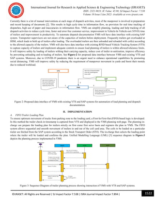 International Journal for Research in Applied Science & Engineering Technology (IJRASET)
ISSN: 2321-9653; IC Value: 45.98; SJ Impact Factor: 7.538
Volume 10 Issue I Jan 2022- Available at www.ijraset.com
1522
©IJRASET: All Rights are Reserved | SJ Impact Factor 7.538 | ISRA Journal Impact Factor 7.894 |
Currently there is a lot of manual interventions at each stage of dispatch activities, most of the manpower is involved in preparation
and record keeping of documents [2]. This results in high cycle time in information flow, no provision for real time tracking of
dispatches, high use of paper and inaccuracies in information flow. YMS can simplify planning, loading and help tracking of all
dispatch activities to reduce cycle time, faster and error free customer service, improvement in Vehicle-In Vehicle-out (VIVO) time
of trailers and improvement in productivity. To automate dispatch documentation YMS will have data interface with existing SAP
system. Transporter supervisors are not aware of the capacities of trailers before deployment. Frequently trailers get overloaded at
HSM, which leads to held up of trailers after loading. The overloaded trailers are then unloaded and reloaded with coil(s) according
to the allowed capacity of the trailers. YMS will also have data interface with existing RFID based Vehicle Tracking System (VTS)
to capture capacity of trailers and implement adequate controls to ensure load planning of trailers is within allowed tolerance limits.
It will improve safety by loading of trailers withing their carrying capacity, reduce cost of trailer re-unitization, improve efficiency
by preventing unloading and re-loading of trailers. See Figure-2 for proposed data interface between YMS and existing VTS and
SAP systems. Moreover, due to COVID-19 pandemic there is an urgent need to enhance operational capabilities by promoting
social distancing. YMS will improve safety by reducing the requirement of manpower movement in yards and boost their morale
due to reduced workload.
Figure 2: Proposed data interface of YMS with existing VTS and SAP systems for automation of load planning and dispatch
documentation.
II. IMPLEMENTATION
A. FIFO Trailer Loading Plan
To ensure optimum movement of trucks from parking zone to the loading yard, a First-In-First-Out (FIFO) based logic is developed.
In this method the trailer check-in timestamp is captured from VTS and displayed in the YMS planning web page. The planning in-
charge can prepare the loading plan for trailers strictly on first come first serve basis and registers the plan in YMS. The FIFO
system allows sequential and smooth movement of trailers in and out of the coil yard area. The coils to be loaded on a particular
trailer are fetched from the SAP system according to the Stock Transport Order (STO). The in-charge then selects the loading point
where the trailer will be loaded and confirms the plan. Unified Modelling Language (UML) [3] sequence diagram in Figure-3
depicts the planning process implemented in YMS.
Figure 3: Sequence Diagram of trailer planning process showing interaction of YMS with VTS and SAP systems.
 