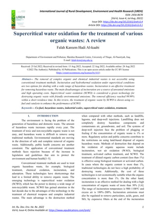 Supercritical water oxidation for the treatment of various organic ...