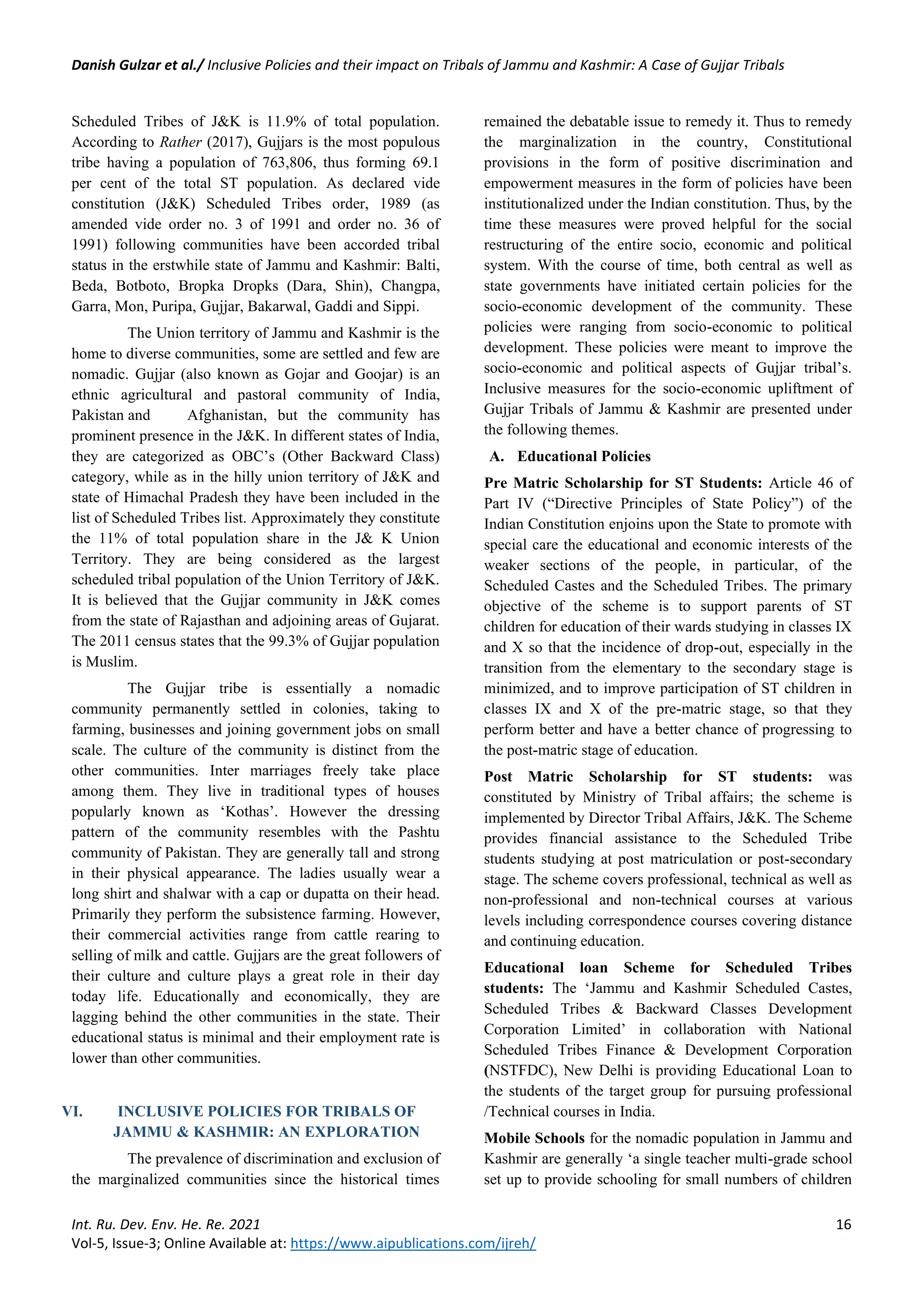 Inclusive Policies and their impact on Tribals of Jammu and Kashmir: A ...