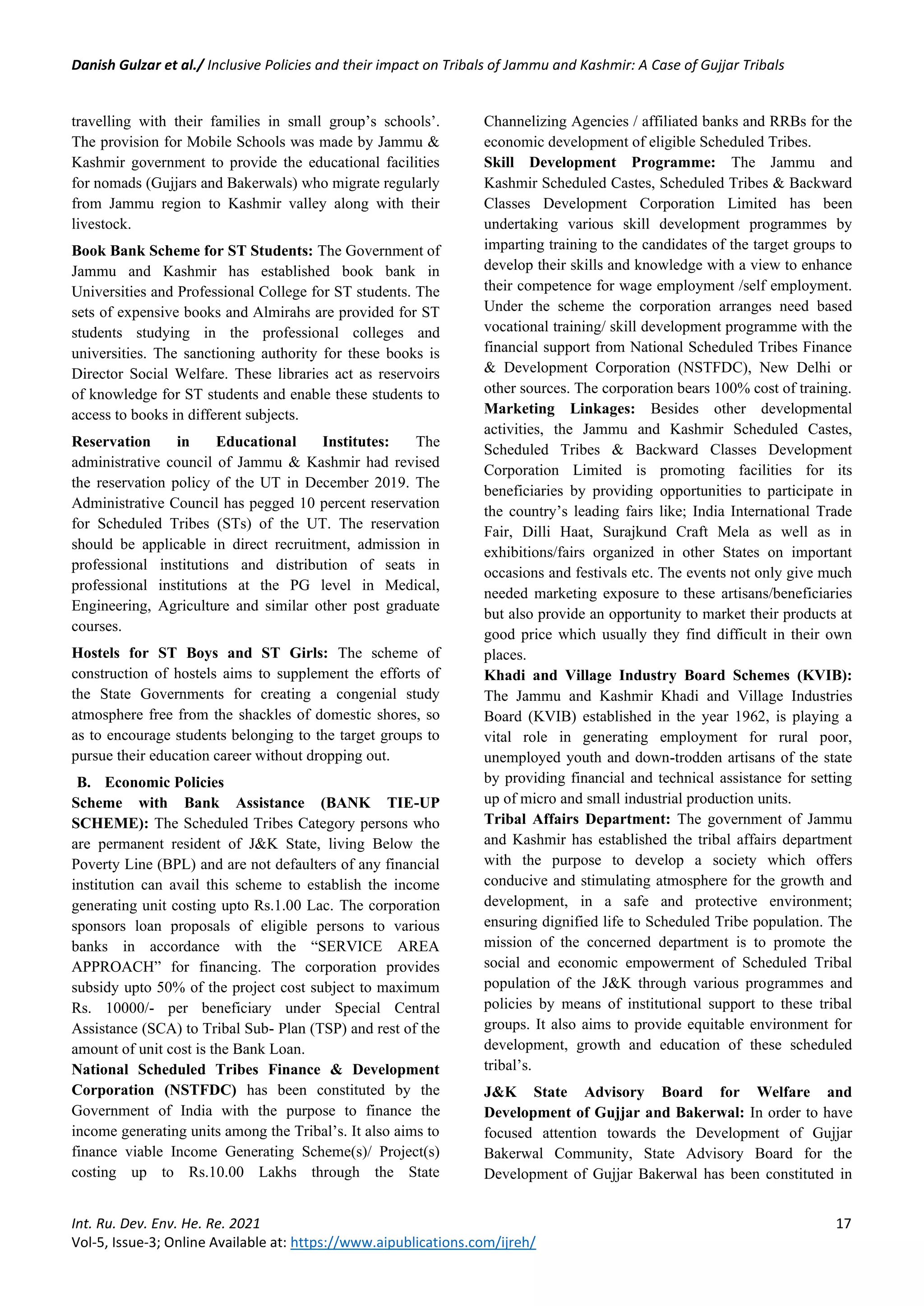 Inclusive Policies and their impact on Tribals of Jammu and Kashmir: A ...