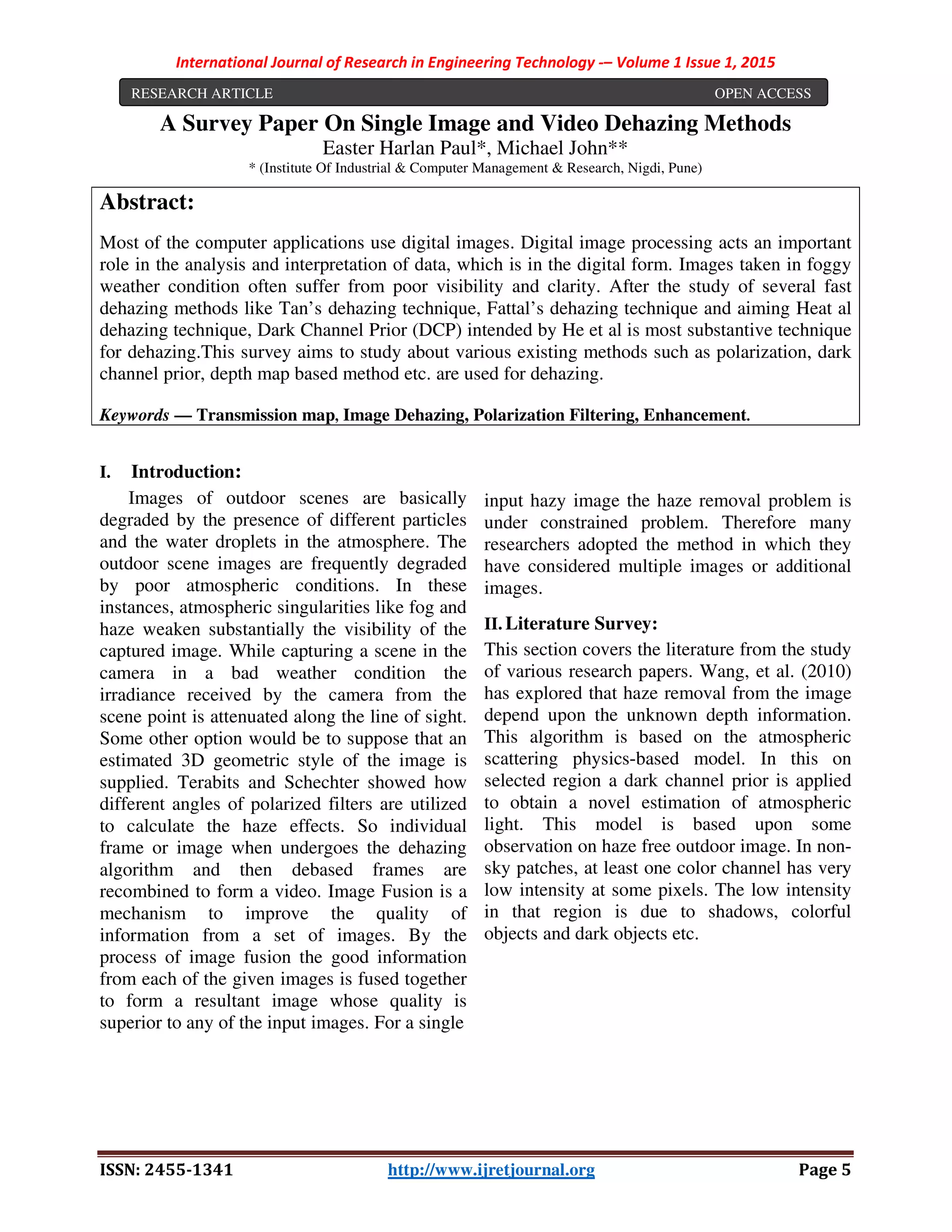 IJRET-V1I1P2 -A Survey Paper On Single Image and Video Dehazing Methods ...