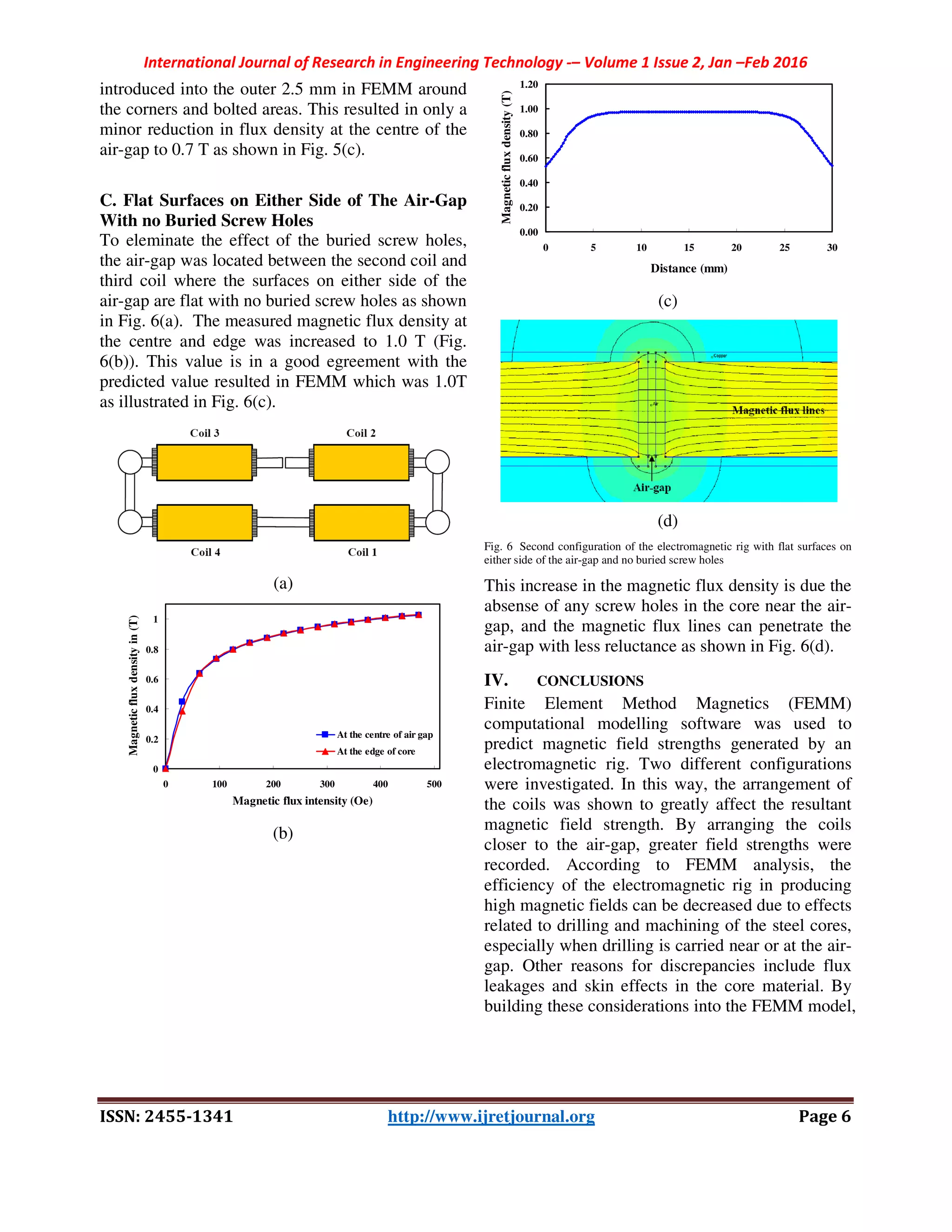 International Journal of Research in Engineering Technology -– Volume 1 Issue 2, Jan –Feb 2016
ISSN: 2455-1341 http://www.ijretjournal.org Page 6
introduced into the outer 2.5 mm in FEMM around
the corners and bolted areas. This resulted in only a
minor reduction in flux density at the centre of the
air-gap to 0.7 T as shown in Fig. 5(c).
C. Flat Surfaces on Either Side of The Air-Gap
With no Buried Screw Holes
To eleminate the effect of the buried screw holes,
the air-gap was located between the second coil and
third coil where the surfaces on either side of the
air-gap are flat with no buried screw holes as shown
in Fig. 6(a). The measured magnetic flux density at
the centre and edge was increased to 1.0 T (Fig.
6(b)). This value is in a good egreement with the
predicted value resulted in FEMM which was 1.0T
as illustrated in Fig. 6(c).
(a)
(b)
(c)
(d)
Fig. 6 Second configuration of the electromagnetic rig with flat surfaces on
either side of the air-gap and no buried screw holes
This increase in the magnetic flux density is due the
absense of any screw holes in the core near the air-
gap, and the magnetic flux lines can penetrate the
air-gap with less reluctance as shown in Fig. 6(d).
IV. CONCLUSIONS
Finite Element Method Magnetics (FEMM)
computational modelling software was used to
predict magnetic field strengths generated by an
electromagnetic rig. Two different configurations
were investigated. In this way, the arrangement of
the coils was shown to greatly affect the resultant
magnetic field strength. By arranging the coils
closer to the air-gap, greater field strengths were
recorded. According to FEMM analysis, the
efficiency of the electromagnetic rig in producing
high magnetic fields can be decreased due to effects
related to drilling and machining of the steel cores,
especially when drilling is carried near or at the air-
gap. Other reasons for discrepancies include flux
leakages and skin effects in the core material. By
building these considerations into the FEMM model,
0
0.2
0.4
0.6
0.8
1
0 100 200 300 400 500
Magnetic flux intensity (Oe)
Magneticfluxdensityin(T)
At the centre of air gap
At the edge of core
0.00
0.20
0.40
0.60
0.80
1.00
1.20
0 5 10 15 20 25 30
Distance (mm)
Magneticfluxdensity(T)
 