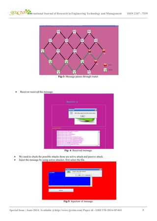 International Journal of Research in Engineering Technology and Management ISSN 2347 - 7539
_______________________________________________________________________________________
Special Issue | June-2014, Available @http://www.ijretm.com| Paper id - IJRETM-2014-SP-041 5
Fig-3: Message passes through router.
 Receiver received the message.
Fig- 4: Received message.
 We need to check the possible attacks those are active attack and passive attack.
 Inject the message by using active attacker, first select the file.
Fig-5: Injection of message.
 