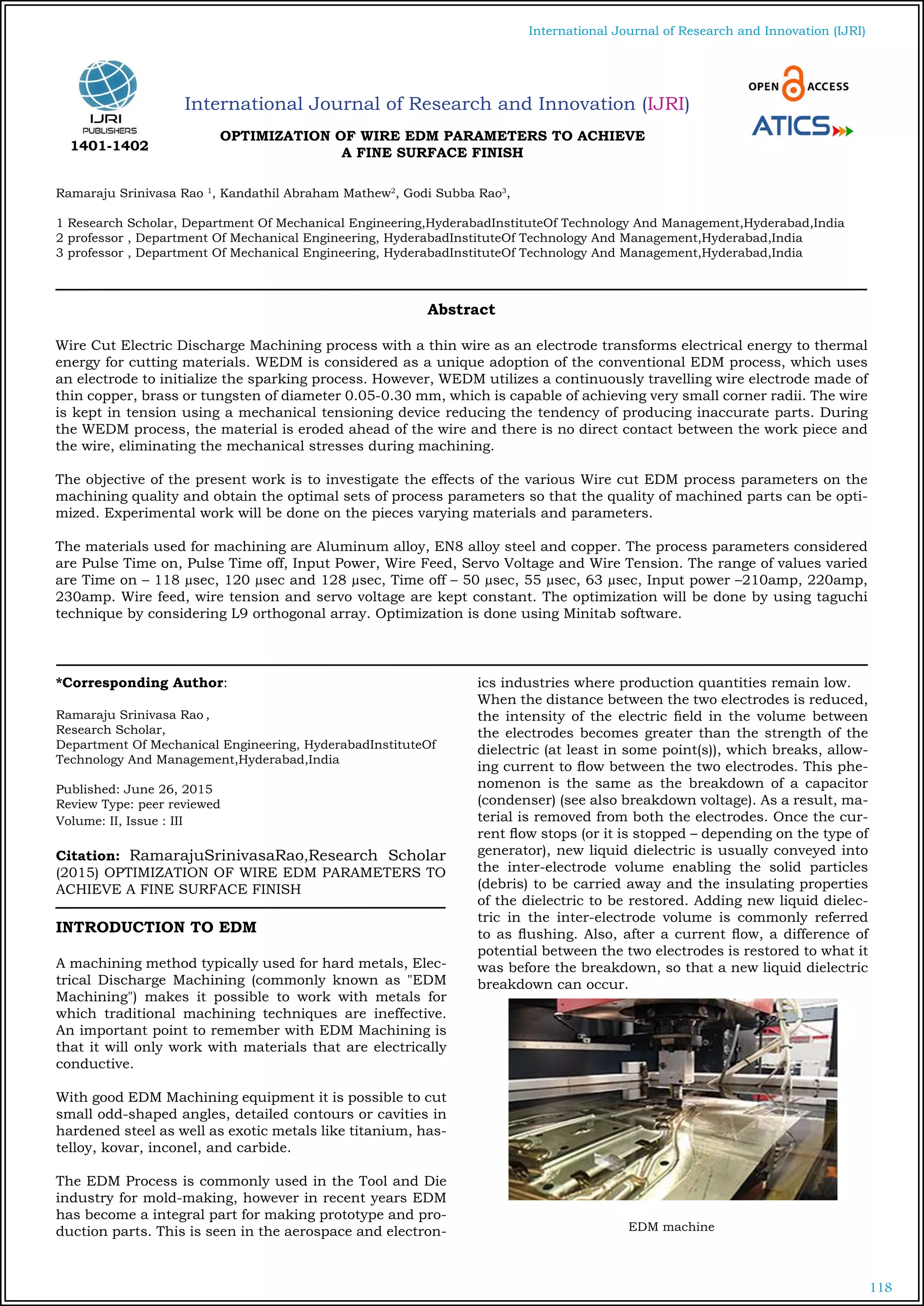 OPTIMIZATION OF WIRE EDM PARAMETERS TO ACHIEVE A FINE SURFACE FINISH | PDF