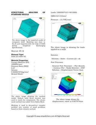 Copyright © www.ijripublishers.com All Rights Reserved
STRUCTURAL ANALYSIS OF
STANDARD MOULD
The above image is the imported model of
composite shaft. Modeling was done in
Pro-E and imported with the help of IGES
(Initial Graphical Exchanging
Specification).
Material: EN 38
Element Type:
Solid 20 nodes 95
Material Properties:
Young’s Modulus (EX) :
20900N/mm2
Poissons Ratio (PRXY :
0.27
Density :
0.000007876kg/mm3
Meshed Model
The above image showing the meshed
modal. Default solid Brick element was
used to mesh the components. The shown
mesh method was called Tetra Hydra Mesh.
Meshing is used to deconstruct complex
problem into number of small problems
based on finite element method.
Loads 1000000*9.81=9810000
AREA 621152mm2
Pressure – 15.79N/mm2
The above image is showing the loads
applied on a mold
Solution
Solution – Solve – Current LS – ok
Post Processor
General Post Processor – Plot Results
– Contour Plot - Nodal Solution – DOF
Solution – Displacement Vector Sum
The above image shows the
displacement, value is 0.007979mm
 