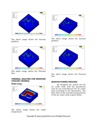 Copyright © www.ijripublishers.com All Rights Reserved
The above image shows the thermal
gradient
The above image shows the Thermal
flux
THERMAL ANALYSIS FOR MODIFIED
COOLING CHANNAL
Nodal temp
The above image shows the nodal
temperature
The above image shows the thermal
gradient
The above image shows the Thermal
flux
MANUFACTURING PROCESS
By designed the mould tool for
air cooler tank, with the parameters
now we can manufacture the air cooler
tank according to the dimensions. The
flow chart of the manufacturing process
of the air cooler tank is given below.
 