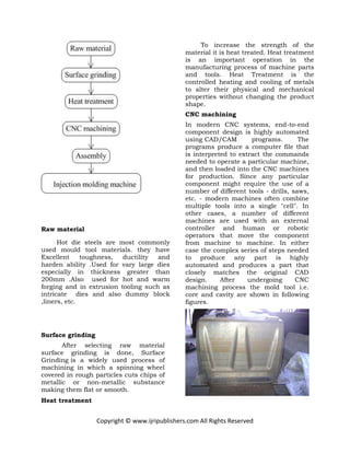 Copyright © www.ijripublishers.com All Rights Reserved
Raw material
Hot die steels are most commonly
used mould tool materials. they have
Excellent toughness, ductility and
harden ability .Used for vary large dies
especially in thickness greater than
200mm .Also used for hot and warm
forging and in extrusion tooling such as
intricate dies and also dummy block
,liners, etc.
Surface grinding
After selecting raw material
surface grinding is done, Surface
Grinding is a widely used process of
machining in which a spinning wheel
covered in rough particles cuts chips of
metallic or non-metallic substance
making them flat or smooth.
Heat treatment
To increase the strength of the
material it is heat treated. Heat treatment
is an important operation in the
manufacturing process of machine parts
and tools. Heat Treatment is the
controlled heating and cooling of metals
to alter their physical and mechanical
properties without changing the product
shape.
CNC machining
In modern CNC systems, end-to-end
component design is highly automated
using CAD/CAM programs. The
programs produce a computer file that
is interpreted to extract the commands
needed to operate a particular machine,
and then loaded into the CNC machines
for production. Since any particular
component might require the use of a
number of different tools - drills, saws,
etc. - modern machines often combine
multiple tools into a single "cell". In
other cases, a number of different
machines are used with an external
controller and human or robotic
operators that move the component
from machine to machine. In either
case the complex series of steps needed
to produce any part is highly
automated and produces a part that
closely matches the original CAD
design. After undergoing CNC
machining process the mold tool i.e.
core and cavity are shown in following
figures.
 