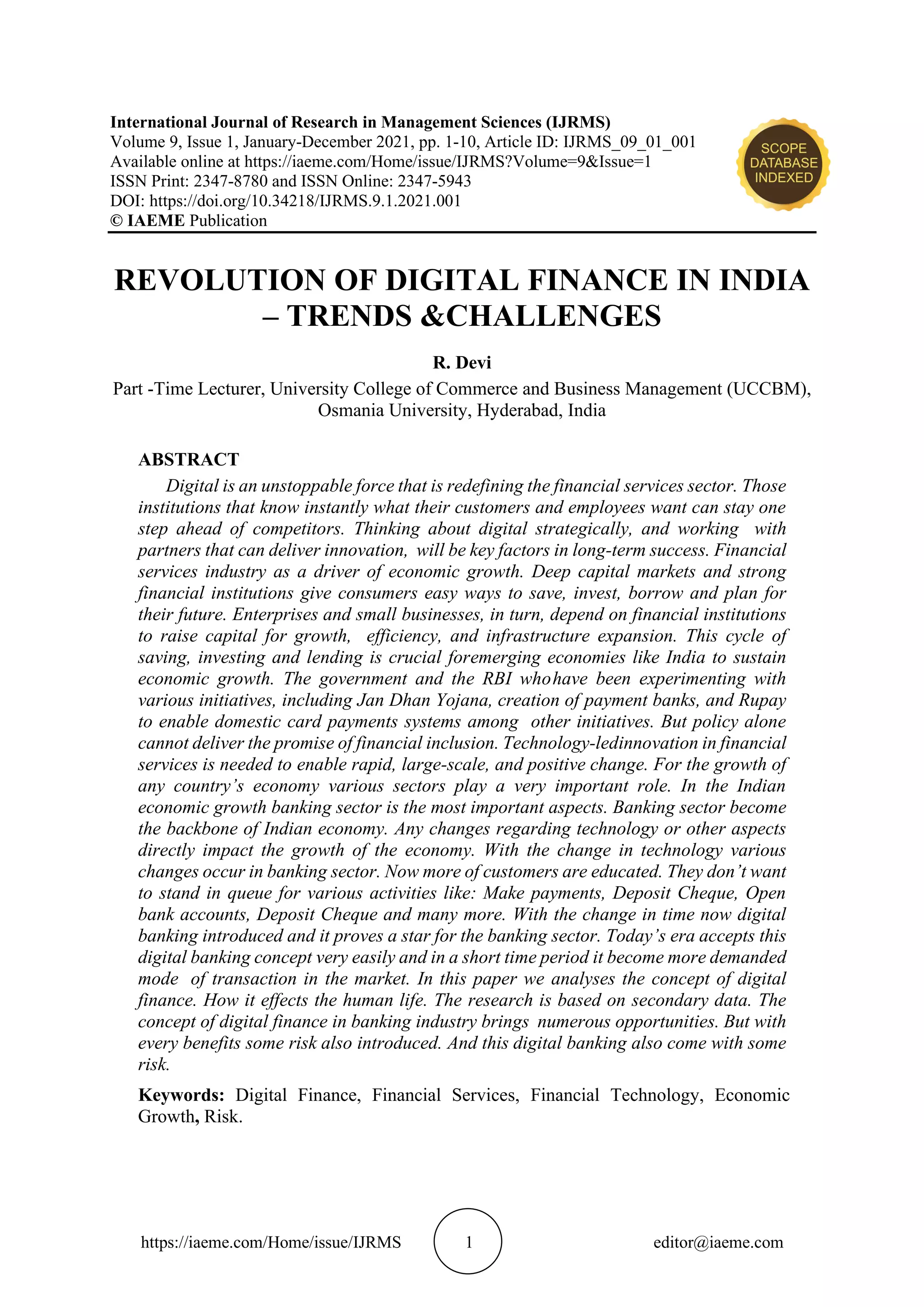 REVOLUTION OF DIGITAL FINANCE IN INDIA – TRENDS &CHALLENGES | PDF