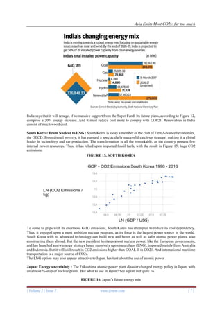 Asia Emits Most CO2s: far too much
| Volume 2 | Issue 2 | www.ijrtem.com | 7 |
India says that it will renege, if no massive support from the Super Fund. Its future plans, according to Figure 12,
comprise a 20% energy increase. And it must reduce coal more to comply with COP21. Renewables in India
consist of much wood coal.
South Korea: From Nuclear to LNG : South Korea is today a member of the club of First Advanced economies,
the OECD. From dismal poverty, it has pursued a spectacularly successful catch-up strategy, making it a global
leader in technology and car production. The transformation is all the remarkable, as the country possess few
internal power resources. Thus, it has relied upon imported fossil fuels, with the result in Figure 15, huge CO2
emissions.
FIGURE 15, SOUTH KOREA
To come to grips with its enormous GHG emissions, South Korea has attempted to reduce its coal dependency.
Thus, it engaged upon a most ambition nuclear program, as its force is the largest power source in the world.
South Korea with its advanced technology can build new and better as well as safer atomic power plants, also
constructing them abroad. But the new president hesitates about nuclear power, like the European governments,
and has launched a new energy strategy based massively upon natural gas (LNG), imported mainly from Australia
and Indonesia. But it will still result in CO2 emissions higher than GOAL II in CO21. And international maritime
transportation is a major source of CO2s.
The LNG option may also appear attractive to Japan, hesitant about the use of atomic power
Japan: Energy uncertainty : The Fukushima atomic power plant disaster changed energy policy in Japan, with
an almost %-stop of nuclear plants. But what to use in Japan? See a plan in Figure 16.
FIGURE 16. Japan’s future energy mix
 
