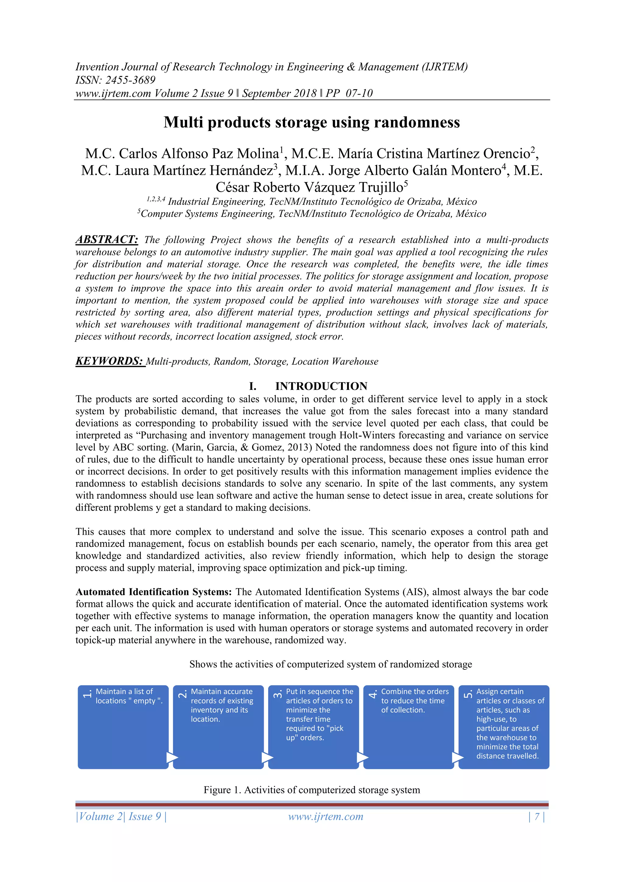 Invention Journal of Research Technology in Engineering & Management (IJRTEM)
ISSN: 2455-3689
www.ijrtem.com Volume 2 Issue 9 ǁ September 2018 ǁ PP 07-10
|Volume 2| Issue 9 | www.ijrtem.com | 7 |
Multi products storage using randomness
M.C. Carlos Alfonso Paz Molina1
, M.C.E. María Cristina Martínez Orencio2
,
M.C. Laura Martínez Hernández3
, M.I.A. Jorge Alberto Galán Montero4
, M.E.
César Roberto Vázquez Trujillo5
1,2,3,4
Industrial Engineering, TecNM/Instituto Tecnológico de Orizaba, México
5
Computer Systems Engineering, TecNM/Instituto Tecnológico de Orizaba, México
ABSTRACT: The following Project shows the benefits of a research established into a multi-products
warehouse belongs to an automotive industry supplier. The main goal was applied a tool recognizing the rules
for distribution and material storage. Once the research was completed, the benefits were, the idle times
reduction per hours/week by the two initial processes. The politics for storage assignment and location, propose
a system to improve the space into this areain order to avoid material management and flow issues. It is
important to mention, the system proposed could be applied into warehouses with storage size and space
restricted by sorting area, also different material types, production settings and physical specifications for
which set warehouses with traditional management of distribution without slack, involves lack of materials,
pieces without records, incorrect location assigned, stock error.
KEYWORDS: Multi-products, Random, Storage, Location Warehouse
I. INTRODUCTION
The products are sorted according to sales volume, in order to get different service level to apply in a stock
system by probabilistic demand, that increases the value got from the sales forecast into a many standard
deviations as corresponding to probability issued with the service level quoted per each class, that could be
interpreted as “Purchasing and inventory management trough Holt-Winters forecasting and variance on service
level by ABC sorting. (Marin, Garcia, & Gomez, 2013) Noted the randomness does not figure into of this kind
of rules, due to the difficult to handle uncertainty by operational process, because these ones issue human error
or incorrect decisions. In order to get positively results with this information management implies evidence the
randomness to establish decisions standards to solve any scenario. In spite of the last comments, any system
with randomness should use lean software and active the human sense to detect issue in area, create solutions for
different problems y get a standard to making decisions.
This causes that more complex to understand and solve the issue. This scenario exposes a control path and
randomized management, focus on establish bounds per each scenario, namely, the operator from this area get
knowledge and standardized activities, also review friendly information, which help to design the storage
process and supply material, improving space optimization and pick-up timing.
Automated Identification Systems: The Automated Identification Systems (AIS), almost always the bar code
format allows the quick and accurate identification of material. Once the automated identification systems work
together with effective systems to manage information, the operation managers know the quantity and location
per each unit. The information is used with human operators or storage systems and automated recovery in order
topick-up material anywhere in the warehouse, randomized way.
Shows the activities of computerized system of randomized storage
Figure 1. Activities of computerized storage system
1.
Maintain a list of
locations " empty ".
2.
Maintain accurate
records of existing
inventory and its
location.
3.
Put in sequence the
articles of orders to
minimize the
transfer time
required to "pick
up" orders.
4.
Combine the orders
to reduce the time
of collection.
5.
Assign certain
articles or classes of
articles, such as
high-use, to
particular areas of
the warehouse to
minimize the total
distance travelled.
 