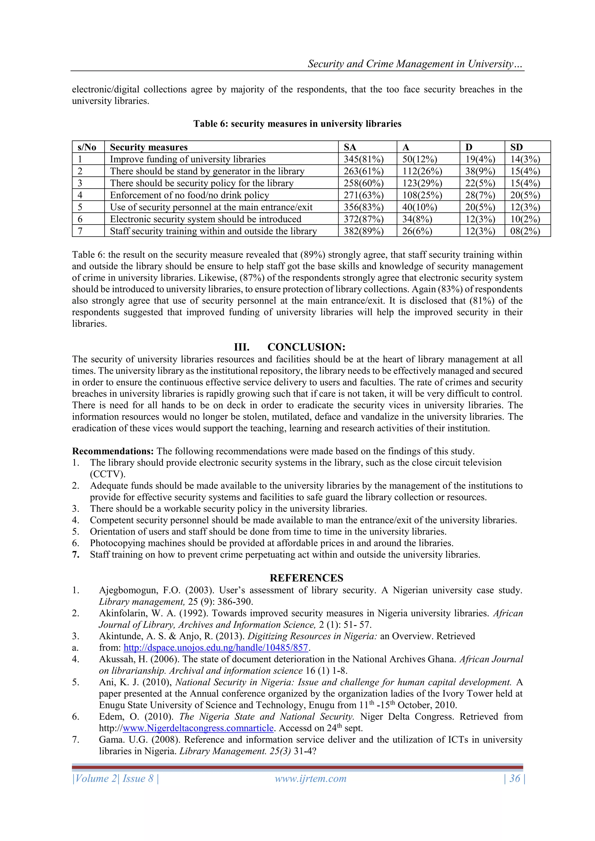 Security and Crime Management in University…
|Volume 2| Issue 8 | www.ijrtem.com | 36 |
electronic/digital collections agree by majority of the respondents, that the too face security breaches in the
university libraries.
Table 6: security measures in university libraries
s/No Security measures SA A D SD
1 Improve funding of university libraries 345(81%) 50(12%) 19(4%) 14(3%)
2 There should be stand by generator in the library 263(61%) 112(26%) 38(9%) 15(4%)
3 There should be security policy for the library 258(60%) 123(29%) 22(5%) 15(4%)
4 Enforcement of no food/no drink policy 271(63%) 108(25%) 28(7%) 20(5%)
5 Use of security personnel at the main entrance/exit 356(83%) 40(10%) 20(5%) 12(3%)
6 Electronic security system should be introduced 372(87%) 34(8%) 12(3%) 10(2%)
7 Staff security training within and outside the library 382(89%) 26(6%) 12(3%) 08(2%)
Table 6: the result on the security measure revealed that (89%) strongly agree, that staff security training within
and outside the library should be ensure to help staff got the base skills and knowledge of security management
of crime in university libraries. Likewise, (87%) of the respondents strongly agree that electronic security system
should be introduced to university libraries, to ensure protection of library collections. Again (83%) of respondents
also strongly agree that use of security personnel at the main entrance/exit. It is disclosed that (81%) of the
respondents suggested that improved funding of university libraries will help the improved security in their
libraries.
III. CONCLUSION:
The security of university libraries resources and facilities should be at the heart of library management at all
times. The university library as the institutional repository, the library needs to be effectively managed and secured
in order to ensure the continuous effective service delivery to users and faculties. The rate of crimes and security
breaches in university libraries is rapidly growing such that if care is not taken, it will be very difficult to control.
There is need for all hands to be on deck in order to eradicate the security vices in university libraries. The
information resources would no longer be stolen, mutilated, deface and vandalize in the university libraries. The
eradication of these vices would support the teaching, learning and research activities of their institution.
Recommendations: The following recommendations were made based on the findings of this study.
1. The library should provide electronic security systems in the library, such as the close circuit television
(CCTV).
2. Adequate funds should be made available to the university libraries by the management of the institutions to
provide for effective security systems and facilities to safe guard the library collection or resources.
3. There should be a workable security policy in the university libraries.
4. Competent security personnel should be made available to man the entrance/exit of the university libraries.
5. Orientation of users and staff should be done from time to time in the university libraries.
6. Photocopying machines should be provided at affordable prices in and around the libraries.
7. Staff training on how to prevent crime perpetuating act within and outside the university libraries.
REFERENCES
1. Ajegbomogun, F.O. (2003). User’s assessment of library security. A Nigerian university case study.
Library management, 25 (9): 386-390.
2. Akinfolarin, W. A. (1992). Towards improved security measures in Nigeria university libraries. African
Journal of Library, Archives and Information Science, 2 (1): 51- 57.
3. Akintunde, A. S. & Anjo, R. (2013). Digitizing Resources in Nigeria: an Overview. Retrieved
a. from: http://dspace.unojos.edu.ng/handle/10485/857.
4. Akussah, H. (2006). The state of document deterioration in the National Archives Ghana. African Journal
on librarianship. Archival and information science 16 (1) 1-8.
5. Ani, K. J. (2010), National Security in Nigeria: Issue and challenge for human capital development. A
paper presented at the Annual conference organized by the organization ladies of the Ivory Tower held at
Enugu State University of Science and Technology, Enugu from 11th
-15th
October, 2010.
6. Edem, O. (2010). The Nigeria State and National Security. Niger Delta Congress. Retrieved from
http://www.Nigerdeltacongress.comnarticle. Accessd on 24th
sept.
7. Gama. U.G. (2008). Reference and information service deliver and the utilization of ICTs in university
libraries in Nigeria. Library Management. 25(3) 31-4?
 
