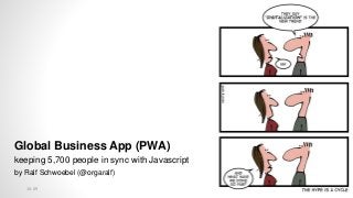 Global Business App (PWA)
keeping 5,700 people in sync with Javascript
by Ralf Schwoebel (@orgaralf)
10:09
 