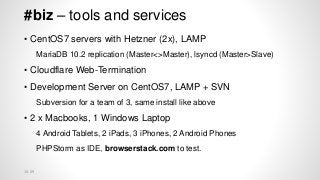 #biz – tools and services
• CentOS7 servers with Hetzner (2x), LAMP
MariaDB 10.2 replication (Master<>Master), lsyncd (Mas...