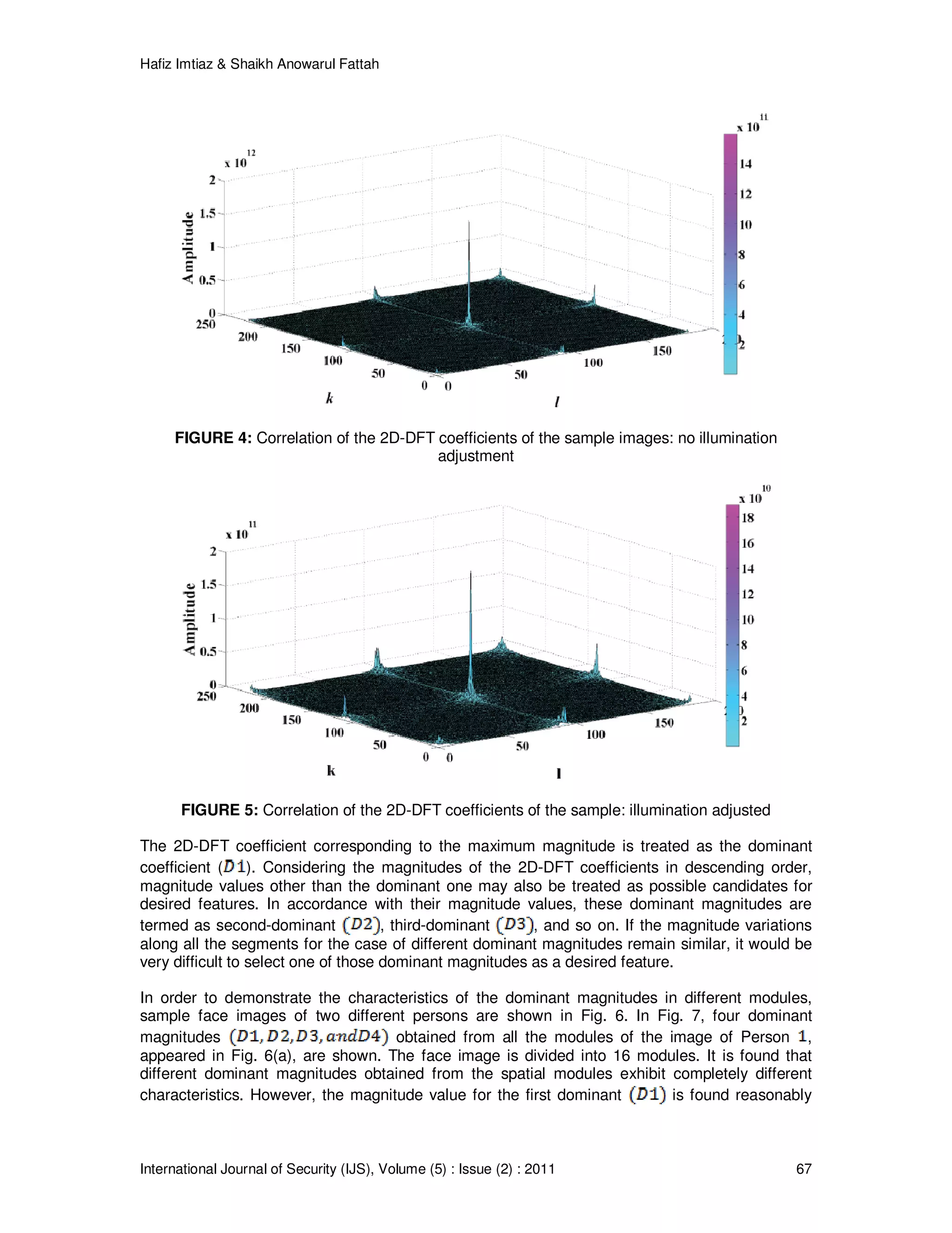 Hafiz Imtiaz & Shaikh Anowarul Fattah International Journal of Security (IJS), Volume (5) : Issue (2) : 2011 67 FIGURE 4: Correlation of the 2D-DFT coefficients of the sample images: no illumination adjustment FIGURE 5: Correlation of the 2D-DFT coefficients of the sample: illumination adjusted The 2D-DFT coefficient corresponding to the maximum magnitude is treated as the dominant coefficient ( ). Considering the magnitudes of the 2D-DFT coefficients in descending order, magnitude values other than the dominant one may also be treated as possible candidates for desired features. In accordance with their magnitude values, these dominant magnitudes are termed as second-dominant , third-dominant , and so on. If the magnitude variations along all the segments for the case of different dominant magnitudes remain similar, it would be very difficult to select one of those dominant magnitudes as a desired feature. In order to demonstrate the characteristics of the dominant magnitudes in different modules, sample face images of two different persons are shown in Fig. 6. In Fig. 7, four dominant magnitudes obtained from all the modules of the image of Person , appeared in Fig. 6(a), are shown. The face image is divided into 16 modules. It is found that different dominant magnitudes obtained from the spatial modules exhibit completely different characteristics. However, the magnitude value for the first dominant is found reasonably 