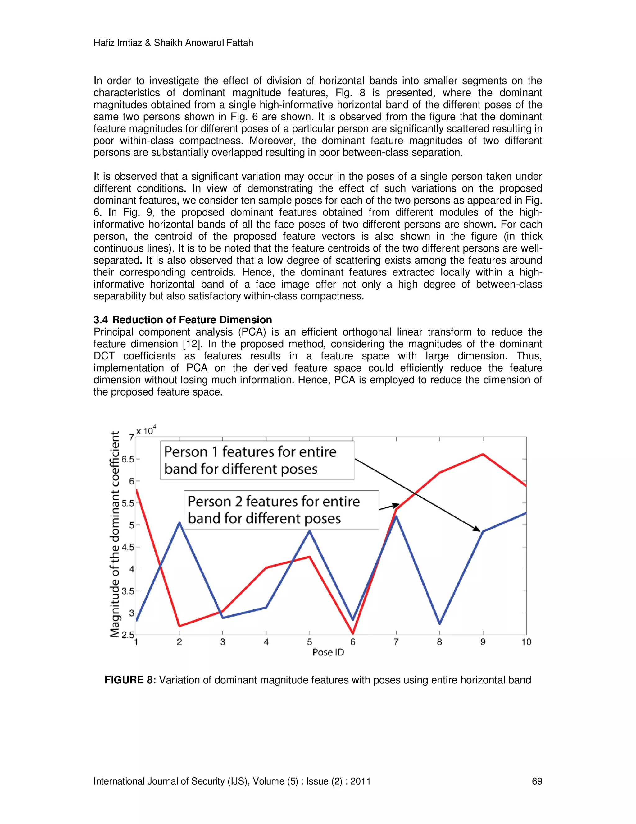 Hafiz Imtiaz & Shaikh Anowarul Fattah International Journal of Security (IJS), Volume (5) : Issue (2) : 2011 69 In order to investigate the effect of division of horizontal bands into smaller segments on the characteristics of dominant magnitude features, Fig. 8 is presented, where the dominant magnitudes obtained from a single high-informative horizontal band of the different poses of the same two persons shown in Fig. 6 are shown. It is observed from the figure that the dominant feature magnitudes for different poses of a particular person are significantly scattered resulting in poor within-class compactness. Moreover, the dominant feature magnitudes of two different persons are substantially overlapped resulting in poor between-class separation. It is observed that a significant variation may occur in the poses of a single person taken under different conditions. In view of demonstrating the effect of such variations on the proposed dominant features, we consider ten sample poses for each of the two persons as appeared in Fig. 6. In Fig. 9, the proposed dominant features obtained from different modules of the high- informative horizontal bands of all the face poses of two different persons are shown. For each person, the centroid of the proposed feature vectors is also shown in the figure (in thick continuous lines). It is to be noted that the feature centroids of the two different persons are well- separated. It is also observed that a low degree of scattering exists among the features around their corresponding centroids. Hence, the dominant features extracted locally within a high- informative horizontal band of a face image offer not only a high degree of between-class separability but also satisfactory within-class compactness. 3.4 Reduction of Feature Dimension Principal component analysis (PCA) is an efficient orthogonal linear transform to reduce the feature dimension [12]. In the proposed method, considering the magnitudes of the dominant DCT coefficients as features results in a feature space with large dimension. Thus, implementation of PCA on the derived feature space could efficiently reduce the feature dimension without losing much information. Hence, PCA is employed to reduce the dimension of the proposed feature space. FIGURE 8: Variation of dominant magnitude features with poses using entire horizontal band 
