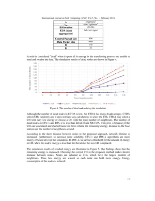 International Journal on Soft Computing (IJSC) Vol.7, No. 1, February 2016
11
εfs 10 pJ/bit/m2
εmp 0.0013 pJ/bit/m4
BS location (50,200)
EDA (data
aggregation)
5nJ / bit / signal
Control Packet size 800
Data Packet size 4000
R 140
K 10
A node is considered "dead" when it spent all its energy in the transferring process and unable to
send and receive the data. The simulation results of dead nodes are shown in Figure 4.
Figure 4. The number of dead nodes during the simulation.
Although the number of dead nodes in CTDA is low, but CTDA has many disadvantages. CTDA
selects CHs randomly and it does not have any calculations to select the CHs. CTDA may select a
CH with very low energy or choose a CH with the least number of neighbours. The number of
dead nodes in DFC-1 and DFC-2 is less than LEACH and MCTDA. This pros is because of the
CHs are calculated and elected based on three criteria the remaining energy, distance to the base
station and the number of neighbours around.
According to the short distance between nodes in the proposed approach, network lifetime is
increased. Furthermore, to decrease node solubility, DFC-1 and DFC-2 algorithms are more
energy efficient all over the simulation. In DFC-2, we define a threshold for the amount of energy
in CH, when the node's energy is less than the threshold, the new CH is replaced.
The simulation results of residual energy are illustrated in Figure 5. Our findings show that the
remaining energy is increased. Choosing the correct CH in the proposed method makes shorter
distance between nodes. Nodes are selected as CHs, which have the largest number of
neighbours. Thus, less energy are wasted so each node can hold more energy. Energy
consumption of the nodes is reduced.
 