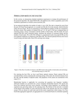 International Journal on Soft Computing (IJSC) Vol.7, No. 1, February 2016
9
5.SIMULATION RESULTS AND ANALYSIS
In this section, we demonstrate detailed simulation experiments to evaluate the performance of
the proposed algorithm. We adopt MATLAB as the platform tool, which is popularly used in the
simulation experiments of wireless sensor networks [18].
In our proposed algorithm, the number of nodes is set to 100. The sink is situated far away from
the area. In Cluster based approach, we consider ten CHs (K=10) in the network, which divide the
nodes into ten clusters. We do an experiment in which different numbers of CHs are evaluated by
the three criteria. The numbers of studied CHs are 5, 8, 10, and 15. We have compared them in
remaining energy, energy consumption and the number of dead nodes. After R rounds, the most
optimal CHs have more remaining energy, minimize the amount of consumed energy and the
number of dead nodes. We set R=140. In Figure 2, experimental results show that K CHs are the
most optimal conditions in comparison with other CHs. The selected optimal CHs have the lowest
wasted energy and dead nodes, these CHs can keep more energy.
Figure 2. The effect of number of clusters in the DFC based on the number of dead nodes and used energy
and remaining energy at round 140.
For selecting the best CHs, we have used Pareto optimal solution. Pareto optimal CHs are
considered three criteria containing the remaining energy of the node, the minimum distance from
the sink, and the number of adjacent nodes. Our properties of the criteria are normalized in the
range [0, 1].
Membership function is applicable for converting the quantities into linguistic variables,
afterward variables are converted into a fuzzy triangular membership function. We specify the
fuzzy best solutions and fuzzy worst solutions. According to these quantities, we calculate the
separation rate and rating indices for the selecting node. The lifetime of the network is extended
in the period of the number of cycles until the first node in the network runs out of its complete
energy. CHs are chosen for each node until all the nodes expand their whole energy. In a Tree
based data aggregation approach, an aggregated tree is constructed based on a minimum spanning
 