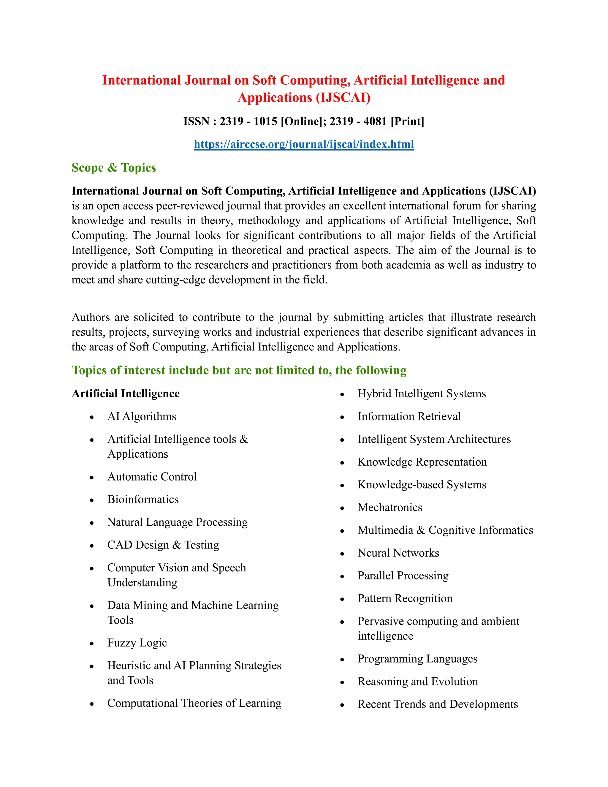 International Journal on Soft Computing, Artificial Intelligence and ...