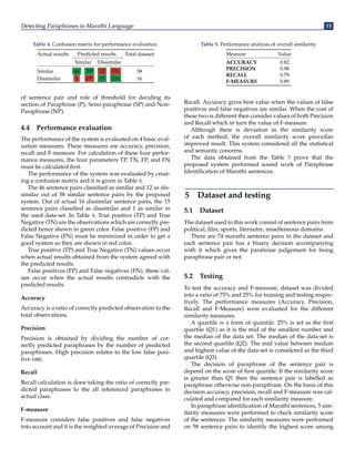 Detecting Paraphrases in Marathi Language 15
Table 4. Confusion matrix for performance evaluation.
Actual results Predicted results Total dataset
Similar Dissimilar
Similar 46 TP 12 FN 58
Dissimilar 1 FP 15 TN 16
of sentence pair and role of threshold for deciding its
section of Paraphrase (P), Semi-paraphrase (SP) and Non-
Paraphrase (NP).
4.4 Performance evaluation
The performance of the system is evaluated on 4 basic eval-
uation measures. These measures are accuracy, precision,
recall and F-measure. For calculation of these four perfor-
mance measures, the four parameters TP, TN, FP, and FN
must be calculated first.
The performance of the system was evaluated by creat-
ing a confusion matrix and it is given in Table 4.
The 46 sentence pairs classified as similar and 12 as dis-
similar out of 58 similar sentence pairs by the proposed
system. Out of actual 16 dissimilar sentence pairs, the 15
sentence pairs classified as dissimilar and 1 as similar in
the used data-set. In Table 4, True positive (TP) and True
Negative (TN) are the observations which are correctly pre-
dicted hence shown in green color. False positive (FP) and
False Negative (FN) must be minimized in order to get a
good system so they are shown in red color.
True positive (TP) and True Negative (TN) values occur
when actual results obtained from the system agreed with
the predicted results.
False positives (FP) and False negatives (FN), these val-
ues occur when the actual results contradicts with the
predicted results.
Accuracy
Accuracy is a ratio of correctly predicted observation to the
total observations.
Precision
Precision is obtained by dividing the number of cor-
rectly predicted paraphrases by the number of predicted
paraphrases. High precision relates to the low false posi-
tive rate.
Recall
Recall calculation is done taking the ratio of correctly pre-
dicted paraphrases to the all referenced paraphrases in
actual class.
F-measure
F-measure considers false positives and false negatives
into account and it is the weighted average of Precision and
Table 5. Performance analysis of overall similarity.
Measure Value
ACCURACY 0.82
PRECISION 0.98
RECALL 0.79
F-MEASURE 0.89
Recall. Accuracy gives best value when the values of false
positives and false negatives are similar. When the cost of
these two is different then consider values of both Precision
and Recall which in turn the value of F-measure.
Although there is deviation in the similarity score
of each method, the overall similarity score provedan
improved result. This system considered all the statistical
and semantic concerns.
The data obtained from the Table 5 prove that the
proposed system performed sound work of Paraphrase
Identification of Marathi sentences.
5 Dataset and testing
5.1 Dataset
The dataset used in this work consist of sentence pairs from
political, film, sports, literautre, miselleneous domains.
There are 74 marathi sentence pairs in the dataset and
each sentence pair has a binary decision accompanying
with it which gives the parahrase judgement for being
paraphrase pair or not.
5.2 Testing
To test the accuracy and F-measure, dataset was divided
into a ratio of 75% and 25% for training and testing respec-
tively. The performance measures (Accuracy, Precision,
Recall and F-Measure) were evaluated for the different
similarity measures.
A quartile is a form of quantile. 25% is set as the first
quartile (Q1) as it is the mid of the smallest number and
the median of the data set. The median of the data-set is
the second quartile (Q2). The mid value between median
and highest value of the data-set is considered as the third
quartile (Q3).
The decision of paraphrase of the sentence pair is
depend on the score of first quartile. If the similarity score
is greater than Q1 then the sentence pair is labelled as
paraphrase otherwise non-paraphrase. On the basis of this
decision accuracy, precision, recall and F-measure was cal-
culated and compared for each similarity measure.
In paraphrase identification of Marathi sentences, 5 sim-
ilarity measures were performed to check similarity score
of the sentences. The similarity measures were performed
on 58 sentence pairs to identify the highest score among
 