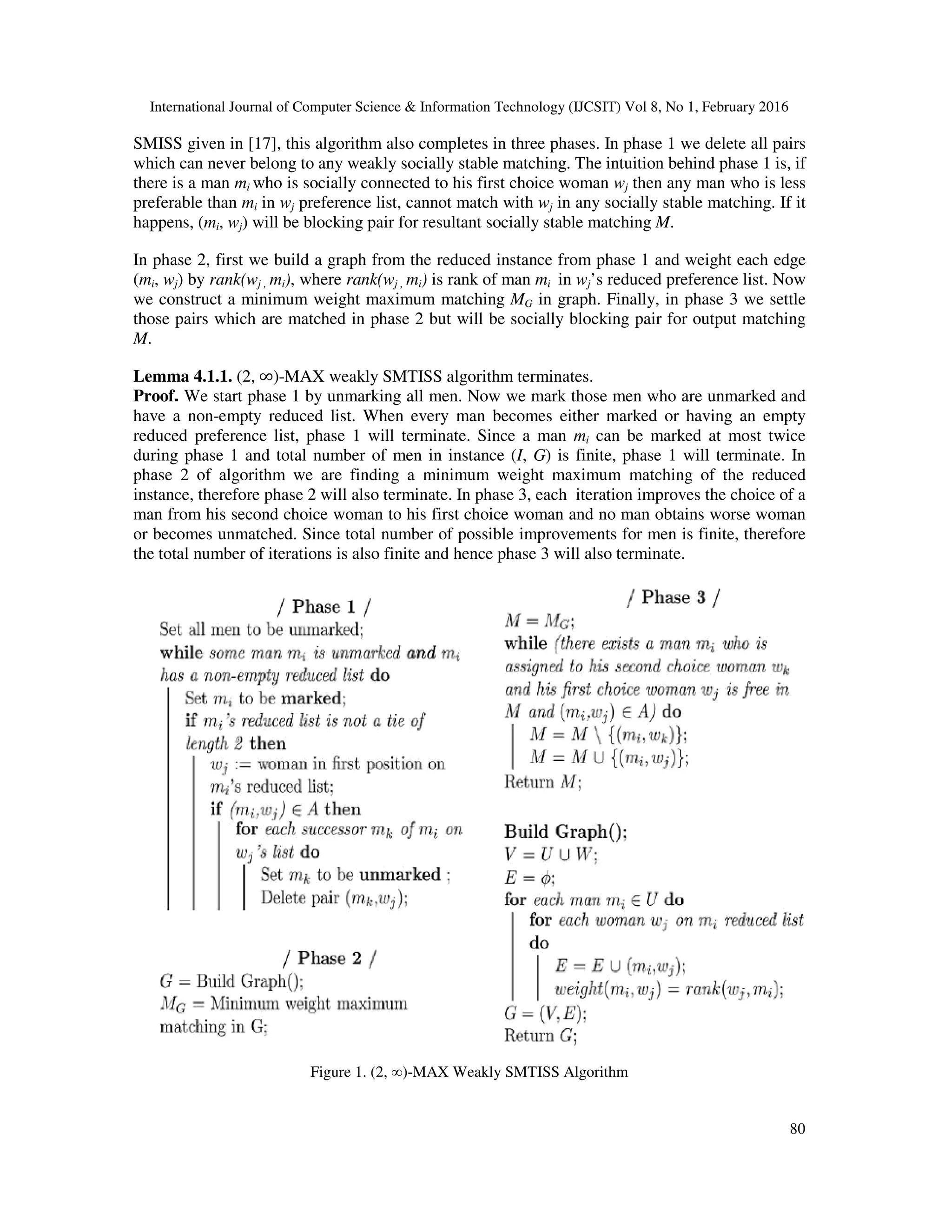 International Journal of Computer Science & Information Technology (IJCSIT) Vol 8, No 1, February 2016
80
SMISS given in [17], this algorithm also completes in three phases. In phase 1 we delete all pairs
which can never belong to any weakly socially stable matching. The intuition behind phase 1 is, if
there is a man mi who is socially connected to his first choice woman wj then any man who is less
preferable than mi in wj preference list, cannot match with wj in any socially stable matching. If it
happens, (mi, wj) will be blocking pair for resultant socially stable matching M.
In phase 2, first we build a graph from the reduced instance from phase 1 and weight each edge
(mi, wj) by rank(wj , mi), where rank(wj , mi) is rank of man mi in wj’s reduced preference list. Now
we construct a minimum weight maximum matching MG in graph. Finally, in phase 3 we settle
those pairs which are matched in phase 2 but will be socially blocking pair for output matching
M.
Lemma 4.1.1. (2, ∞)-MAX weakly SMTISS algorithm terminates.
Proof. We start phase 1 by unmarking all men. Now we mark those men who are unmarked and
have a non-empty reduced list. When every man becomes either marked or having an empty
reduced preference list, phase 1 will terminate. Since a man mi can be marked at most twice
during phase 1 and total number of men in instance (I, G) is finite, phase 1 will terminate. In
phase 2 of algorithm we are finding a minimum weight maximum matching of the reduced
instance, therefore phase 2 will also terminate. In phase 3, each iteration improves the choice of a
man from his second choice woman to his first choice woman and no man obtains worse woman
or becomes unmatched. Since total number of possible improvements for men is finite, therefore
the total number of iterations is also finite and hence phase 3 will also terminate.
Figure 1. (2, ∞)-MAX Weakly SMTISS Algorithm
 