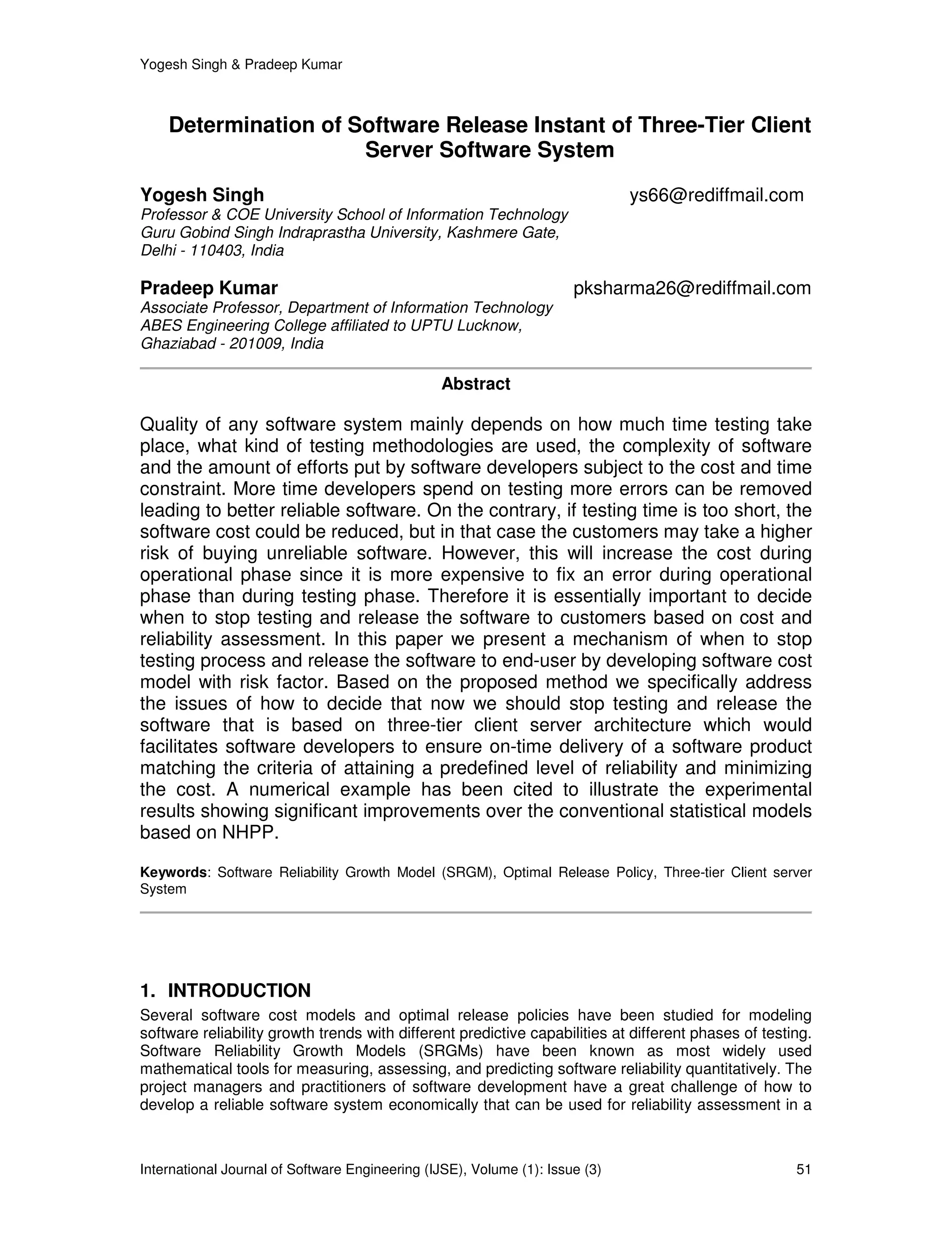 Determination of Software Release Instant of Three-Tier Client Server ...