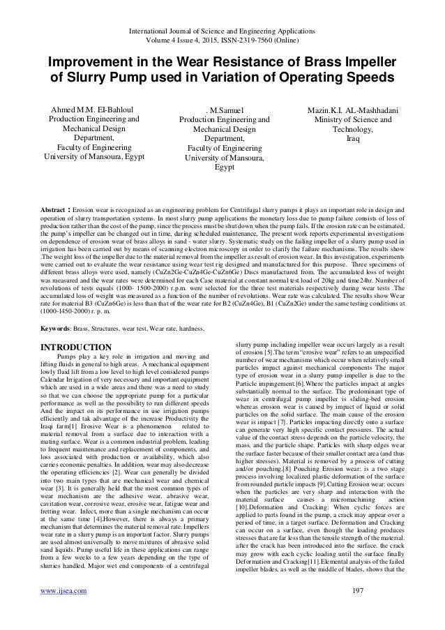 Improvement in the Wear Resistance of Brass Impeller of Slurry Pump used in Variation of