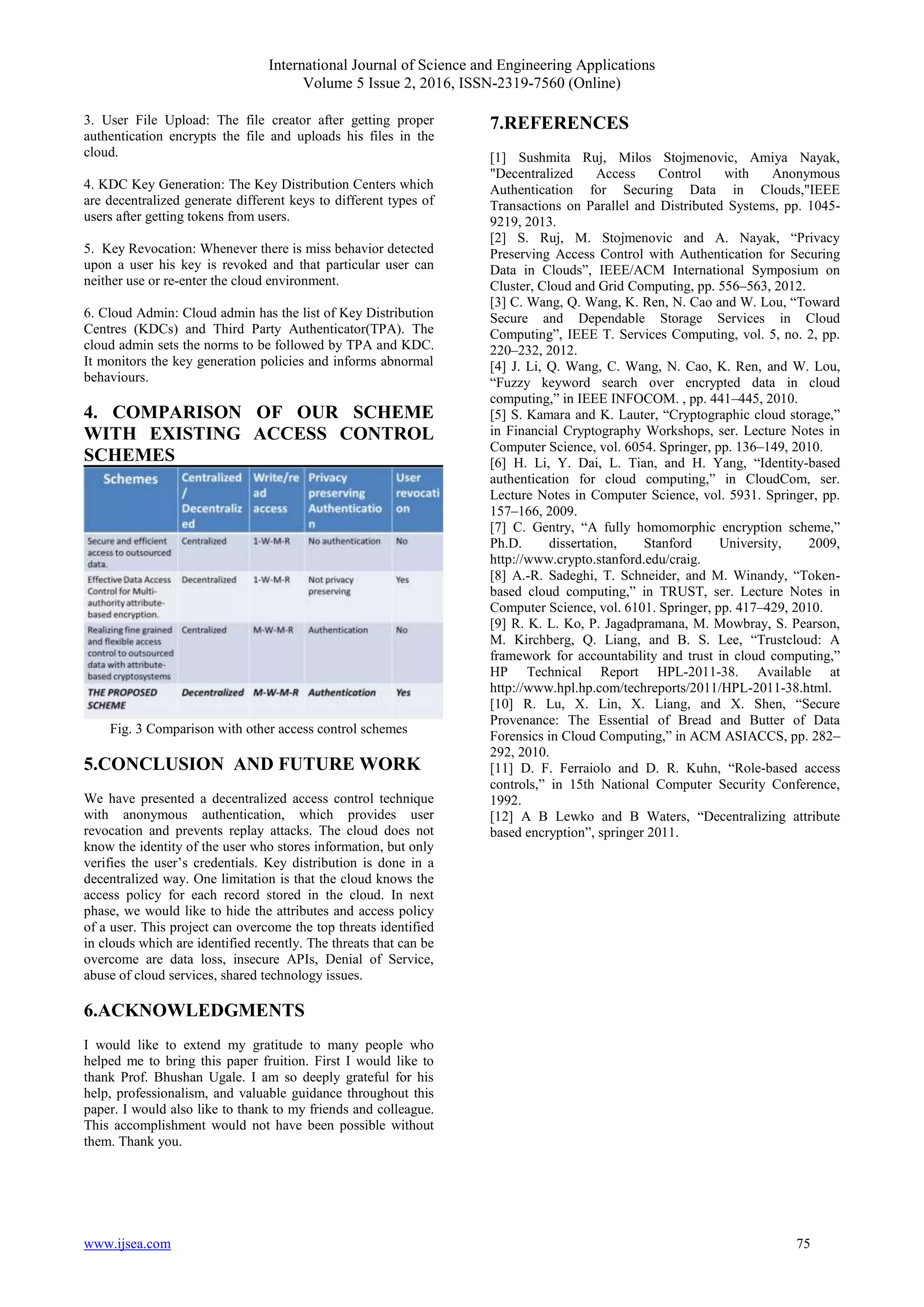 International Journal of Science and Engineering Applications Volume 5 Issue 2, 2016, ISSN-2319-7560 (Online) www.ijsea.com 75 3. User File Upload: The file creator after getting proper authentication encrypts the file and uploads his files in the cloud. 4. KDC Key Generation: The Key Distribution Centers which are decentralized generate different keys to different types of users after getting tokens from users. 5. Key Revocation: Whenever there is miss behavior detected upon a user his key is revoked and that particular user can neither use or re-enter the cloud environment. 6. Cloud Admin: Cloud admin has the list of Key Distribution Centres (KDCs) and Third Party Authenticator(TPA). The cloud admin sets the norms to be followed by TPA and KDC. It monitors the key generation policies and informs abnormal behaviours. 4. COMPARISON OF OUR SCHEME WITH EXISTING ACCESS CONTROL SCHEMES Fig. 3 Comparison with other access control schemes 5.CONCLUSION AND FUTURE WORK We have presented a decentralized access control technique with anonymous authentication, which provides user revocation and prevents replay attacks. The cloud does not know the identity of the user who stores information, but only verifies the user’s credentials. Key distribution is done in a decentralized way. One limitation is that the cloud knows the access policy for each record stored in the cloud. In next phase, we would like to hide the attributes and access policy of a user. This project can overcome the top threats identified in clouds which are identified recently. The threats that can be overcome are data loss, insecure APIs, Denial of Service, abuse of cloud services, shared technology issues. 6.ACKNOWLEDGMENTS I would like to extend my gratitude to many people who helped me to bring this paper fruition. First I would like to thank Prof. Bhushan Ugale. I am so deeply grateful for his help, professionalism, and valuable guidance throughout this paper. I would also like to thank to my friends and colleague. This accomplishment would not have been possible without them. Thank you. 7.REFERENCES [1] Sushmita Ruj, Milos Stojmenovic, Amiya Nayak, "Decentralized Access Control with Anonymous Authentication for Securing Data in Clouds,"IEEE Transactions on Parallel and Distributed Systems, pp. 1045- 9219, 2013. [2] S. Ruj, M. Stojmenovic and A. Nayak, “Privacy Preserving Access Control with Authentication for Securing Data in Clouds”, IEEE/ACM International Symposium on Cluster, Cloud and Grid Computing, pp. 556–563, 2012. [3] C. Wang, Q. Wang, K. Ren, N. Cao and W. Lou, “Toward Secure and Dependable Storage Services in Cloud Computing”, IEEE T. Services Computing, vol. 5, no. 2, pp. 220–232, 2012. [4] J. Li, Q. Wang, C. Wang, N. Cao, K. Ren, and W. Lou, “Fuzzy keyword search over encrypted data in cloud computing,” in IEEE INFOCOM. , pp. 441–445, 2010. [5] S. Kamara and K. Lauter, “Cryptographic cloud storage,” in Financial Cryptography Workshops, ser. Lecture Notes in Computer Science, vol. 6054. Springer, pp. 136–149, 2010. [6] H. Li, Y. Dai, L. Tian, and H. Yang, “Identity-based authentication for cloud computing,” in CloudCom, ser. Lecture Notes in Computer Science, vol. 5931. Springer, pp. 157–166, 2009. [7] C. Gentry, “A fully homomorphic encryption scheme,” Ph.D. dissertation, Stanford University, 2009, http://www.crypto.stanford.edu/craig. [8] A.-R. Sadeghi, T. Schneider, and M. Winandy, “Token- based cloud computing,” in TRUST, ser. Lecture Notes in Computer Science, vol. 6101. Springer, pp. 417–429, 2010. [9] R. K. L. Ko, P. Jagadpramana, M. Mowbray, S. Pearson, M. Kirchberg, Q. Liang, and B. S. Lee, “Trustcloud: A framework for accountability and trust in cloud computing,” HP Technical Report HPL-2011-38. Available at http://www.hpl.hp.com/techreports/2011/HPL-2011-38.html. [10] R. Lu, X. Lin, X. Liang, and X. Shen, “Secure Provenance: The Essential of Bread and Butter of Data Forensics in Cloud Computing,” in ACM ASIACCS, pp. 282– 292, 2010. [11] D. F. Ferraiolo and D. R. Kuhn, “Role-based access controls,” in 15th National Computer Security Conference, 1992. [12] A B Lewko and B Waters, “Decentralizing attribute based encryption”, springer 2011. 