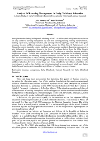 Comprehensive Analysis of Learning Management in Early Childhood ...