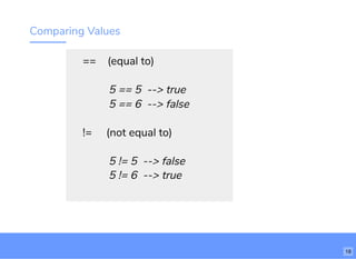 Comparing Values
== (equal to)
5 == 5 --> true
5 == 6 --> false
!= (not equal to)
5 != 5 --> false
5 != 6 --> true
18
 