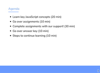 Agenda
Learn key JavaScript concepts (20 min)
Go over assignments (10 min)
Complete assignments with our support! (30 min)
Go over answer key (10 min)
Steps to continue learning (10 min)
6
 