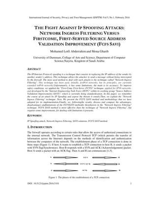 International Journal of Security, Privacy and Trust Management (IJSPTM) Vol 5, No 1, February 2016
DOI : 10.5121/ijsptm.2016.5101 1
THE FIGHT AGAINST IP SPOOFING ATTACKS:
NETWORK INGRESS FILTERING VERSUS
FIRSTCOME, FIRST-SERVED SOURCE ADDRESS
VALIDATION IMPROVEMENT (FCFS SAVI)
Mohamed Lotfi Abderrahim and Mona Gharib
University of Dammam, Collage of Arts and Science, Department of Computer
Science,Naiyria, Kingdom of Saudi Arabia
ABSTRACT
The IP(Internet Protocol) spoofing is a technique that consists in replacing the IP address of the sender by
another sender’s address. This technique allows the attacker to send a message without being intercepted
by the firewall. The most used method to deal with such attacks is the technique called "Network Ingress
Filtering". This technique has been used, initially, forIPv4 networks, but its principles, are currently
extended toIPv6 networks.Unfortunately, it has some limitations, the main is its accuracy. To improve
safety conditions, we applied the "First-Come First-Serve (FCFS)" technique, applied for IPV6 networks,
and developed by the "Internet Engineering Task Force (IETF)" within its working group "Source Address
Validation Improvements (SAVI)", which is currently being standardization. In this paper, we remember
the course of an attack by IP Spoofing and expose the threats it entails.Then, we explain the "Network
Ingress Filtering" technique. Next, We present the FCFS SAVI method and methodology that we have
adopted for its implementation.Finally, we, followingthe results, discuss and compare the advantages,
disadvantages andlimitations of the FCFSSAVI methodto thoseknown in the "Network Ingress Filtering"
technique. FCFS SAVI method is more effective than the technique of "Network Ingress Filtering", but
requires some improvements, for dealing with limitations it presents.
KEYWORDS
IP Spoofing attack, Network Ingress Filtering, SAVI solutions, FCFS SAVI method.
1. INTRODUCTION
The firewall operates according to certain rules that allow the access of authorized connections to
the internal network. The Transmission Control Protocol TCP (which permits the transfer of
information across the Internet) depends on the methods of identification and authentication
between the computers of the network. The establishment phase of a TCP connection is done in
three steps (Figure 1). If host A wants to establish a TCP connection to host B, it sends a packet
with SYN flag(Synchronize). Host B responds with a SYN and ACK (Acknowledgement) packet.
Host A sends a packet with an ACK flag. Then A and B can communicate [1,5].
Figure 1: The phases of the establishment of a TCP connection.
 