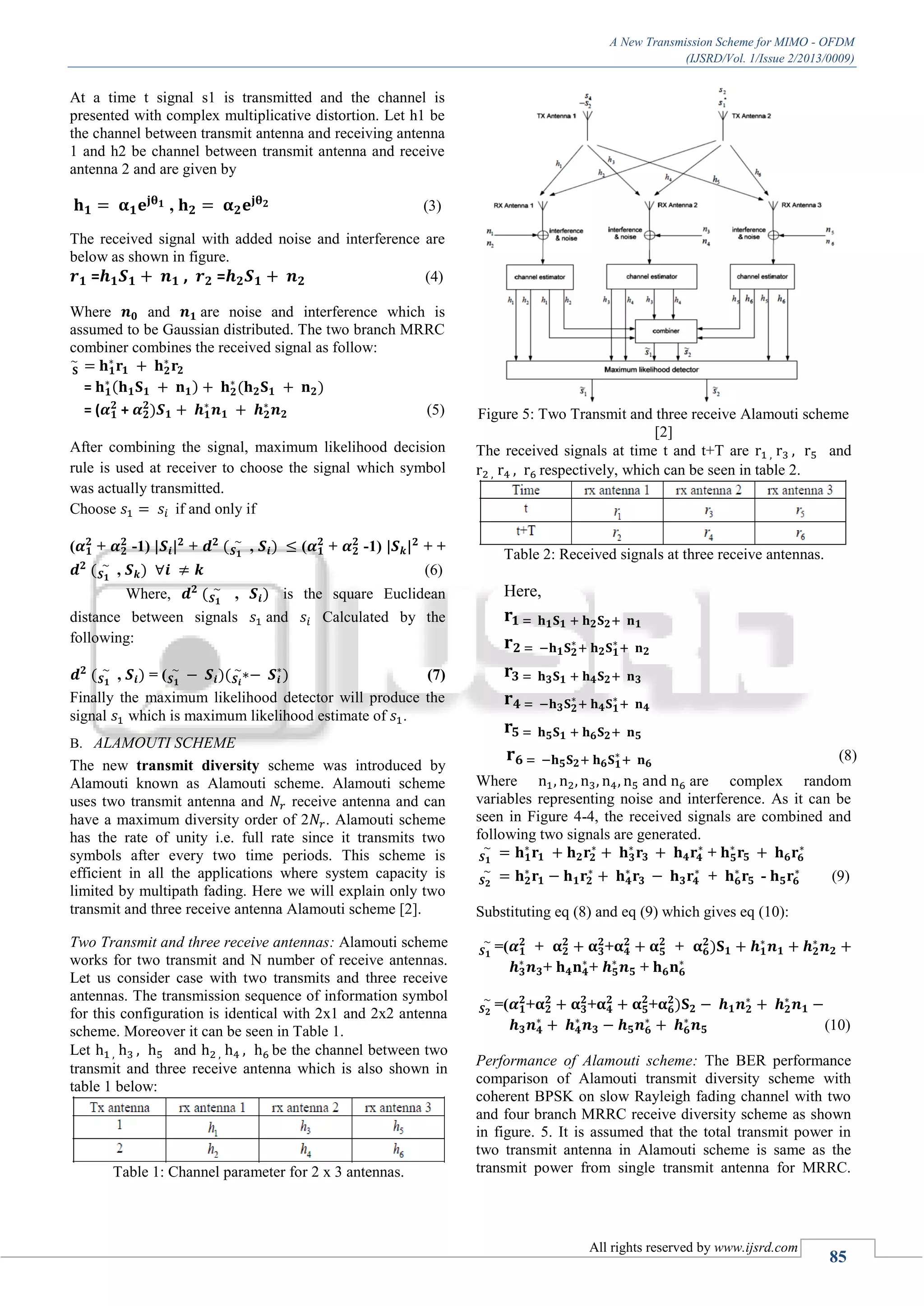 A New Transmission Scheme for MIMO - OFDM
(IJSRD/Vol. 1/Issue 2/2013/0009)
All rights reserved by www.ijsrd.com
85
At a time t signal s1 is transmitted and the channel is
presented with complex multiplicative distortion. Let h1 be
the channel between transmit antenna and receiving antenna
1 and h2 be channel between transmit antenna and receive
antenna 2 and are given by
, (3)
The received signal with added noise and interference are
below as shown in figure.
= , = (4)
Where and are noise and interference which is
assumed to be Gaussian distributed. The two branch MRRC
combiner combines the received signal as follow:
=
= ( + (5)
After combining the signal, maximum likelihood decision
rule is used at receiver to choose the signal which symbol
was actually transmitted.
Choose if and only if
( + -1) + , ( + -1) + +
, (6)
Where, , is the square Euclidean
distance between signals and Calculated by the
following:
, = ( (7)
Finally the maximum likelihood detector will produce the
signal which is maximum likelihood estimate of .
ALAMOUTI SCHEMEB.
The new transmit diversity scheme was introduced by
Alamouti known as Alamouti scheme. Alamouti scheme
uses two transmit antenna and receive antenna and can
have a maximum diversity order of 2 . Alamouti scheme
has the rate of unity i.e. full rate since it transmits two
symbols after every two time periods. This scheme is
efficient in all the applications where system capacity is
limited by multipath fading. Here we will explain only two
transmit and three receive antenna Alamouti scheme [2].
Two Transmit and three receive antennas: Alamouti scheme
works for two transmit and N number of receive antennas.
Let us consider case with two transmits and three receive
antennas. The transmission sequence of information symbol
for this configuration is identical with 2x1 and 2x2 antenna
scheme. Moreover it can be seen in Table 1.
Let and be the channel between two
transmit and three receive antenna which is also shown in
table 1 below:
Table 1: Channel parameter for 2 x 3 antennas.
Figure 5: Two Transmit and three receive Alamouti scheme
[2]
The received signals at time t and t+T are and
respectively, which can be seen in table 2.
Table 2: Received signals at three receive antennas.
Here,
(8)
Where are complex random
variables representing noise and interference. As it can be
seen in Figure 4-4, the received signals are combined and
following two signals are generated.
+
+ - (9)
Substituting eq (8) and eq (9) which gives eq (10):
=( + + +
+ + +
=( + + +
(10)
Performance of Alamouti scheme: The BER performance
comparison of Alamouti transmit diversity scheme with
coherent BPSK on slow Rayleigh fading channel with two
and four branch MRRC receive diversity scheme as shown
in figure. 5. It is assumed that the total transmit power in
two transmit antenna in Alamouti scheme is same as the
transmit power from single transmit antenna for MRRC.
 