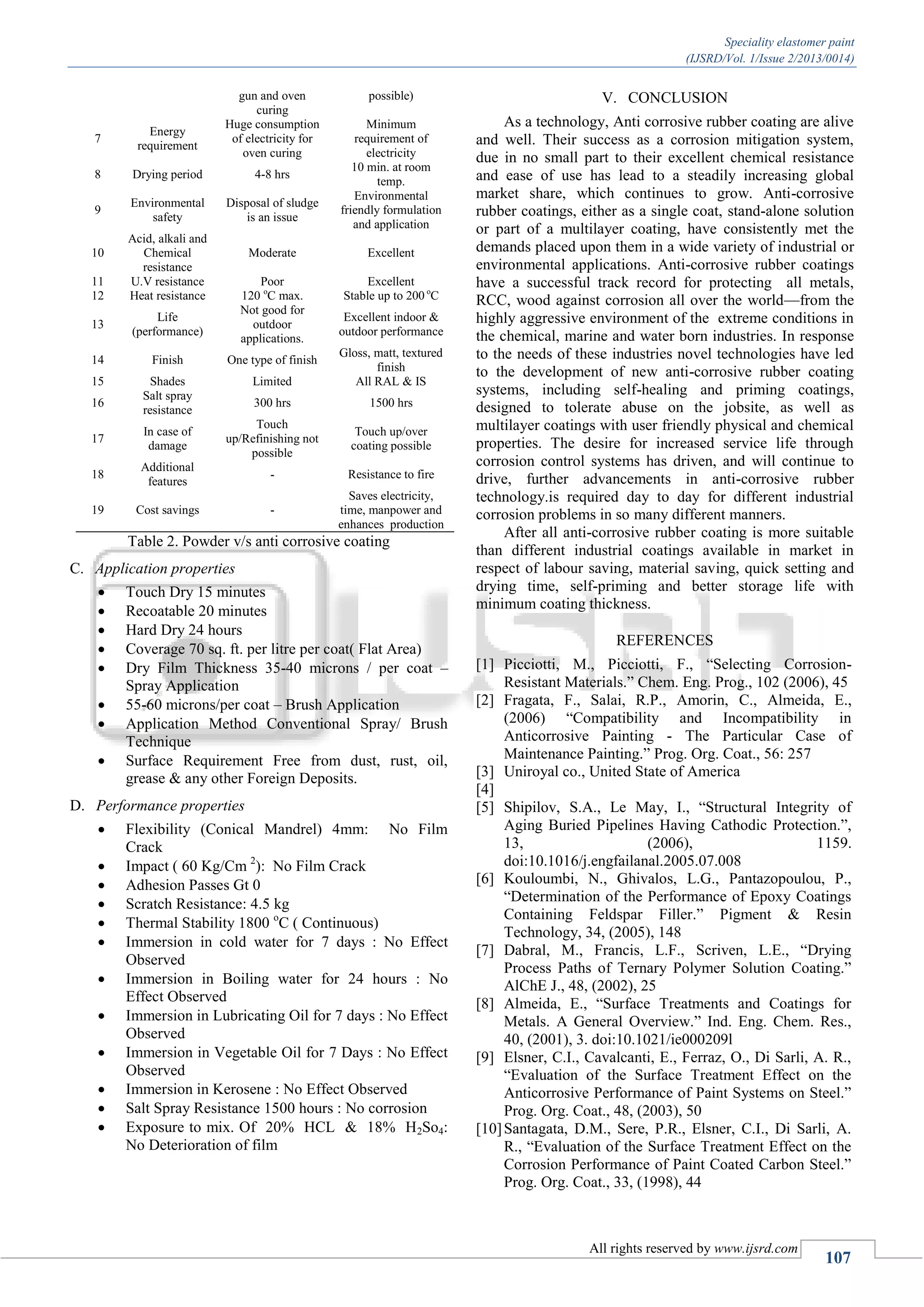 Speciality elastomer paint
(IJSRD/Vol. 1/Issue 2/2013/0014)
All rights reserved by www.ijsrd.com
107
gun and oven
curing
possible)
7
Energy
requirement
Huge consumption
of electricity for
oven curing
Minimum
requirement of
electricity
8 Drying period 4-8 hrs
10 min. at room
temp.
9
Environmental
safety
Disposal of sludge
is an issue
Environmental
friendly formulation
and application
10
Acid, alkali and
Chemical
resistance
Moderate Excellent
11 U.V resistance Poor Excellent
12 Heat resistance 120 o
C max. Stable up to 200 o
C
13
Life
(performance)
Not good for
outdoor
applications.
Excellent indoor &
outdoor performance
14 Finish One type of finish
Gloss, matt, textured
finish
15 Shades Limited All RAL & IS
16
Salt spray
resistance
300 hrs 1500 hrs
17
In case of
damage
Touch
up/Refinishing not
possible
Touch up/over
coating possible
18
Additional
features
- Resistance to fire
19 Cost savings -
Saves electricity,
time, manpower and
enhances production
Table 2. Powder v/s anti corrosive coating
Application propertiesC.
 Touch Dry 15 minutes
 Recoatable 20 minutes
 Hard Dry 24 hours
 Coverage 70 sq. ft. per litre per coat( Flat Area)
 Dry Film Thickness 35-40 microns / per coat –
Spray Application
 55-60 microns/per coat – Brush Application
 Application Method Conventional Spray/ Brush
Technique
 Surface Requirement Free from dust, rust, oil,
grease & any other Foreign Deposits.
Performance propertiesD.
 Flexibility (Conical Mandrel) 4mm: No Film
Crack
 Impact ( 60 Kg/Cm 2
): No Film Crack
 Adhesion Passes Gt 0
 Scratch Resistance: 4.5 kg
 Thermal Stability 1800 o
C ( Continuous)
 Immersion in cold water for 7 days : No Effect
Observed
 Immersion in Boiling water for 24 hours : No
Effect Observed
 Immersion in Lubricating Oil for 7 days : No Effect
Observed
 Immersion in Vegetable Oil for 7 Days : No Effect
Observed
 Immersion in Kerosene : No Effect Observed
 Salt Spray Resistance 1500 hours : No corrosion
 Exposure to mix. Of 20% HCL & 18% H2So4:
No Deterioration of film
V. CONCLUSION
As a technology, Anti corrosive rubber coating are alive
and well. Their success as a corrosion mitigation system,
due in no small part to their excellent chemical resistance
and ease of use has lead to a steadily increasing global
market share, which continues to grow. Anti-corrosive
rubber coatings, either as a single coat, stand-alone solution
or part of a multilayer coating, have consistently met the
demands placed upon them in a wide variety of industrial or
environmental applications. Anti-corrosive rubber coatings
have a successful track record for protecting all metals,
RCC, wood against corrosion all over the world—from the
highly aggressive environment of the extreme conditions in
the chemical, marine and water born industries. In response
to the needs of these industries novel technologies have led
to the development of new anti-corrosive rubber coating
systems, including self-healing and priming coatings,
designed to tolerate abuse on the jobsite, as well as
multilayer coatings with user friendly physical and chemical
properties. The desire for increased service life through
corrosion control systems has driven, and will continue to
drive, further advancements in anti-corrosive rubber
technology.is required day to day for different industrial
corrosion problems in so many different manners.
After all anti-corrosive rubber coating is more suitable
than different industrial coatings available in market in
respect of labour saving, material saving, quick setting and
drying time, self-priming and better storage life with
minimum coating thickness.
REFERENCES
[1] Picciotti, M., Picciotti, F., “Selecting Corrosion-
Resistant Materials.” Chem. Eng. Prog., 102 (2006), 45
[2] Fragata, F., Salai, R.P., Amorin, C., Almeida, E.,
(2006) “Compatibility and Incompatibility in
Anticorrosive Painting - The Particular Case of
Maintenance Painting.” Prog. Org. Coat., 56: 257
[3] Uniroyal co., United State of America
[4]
[5] Shipilov, S.A., Le May, I., “Structural Integrity of
Aging Buried Pipelines Having Cathodic Protection.”,
13, (2006), 1159.
doi:10.1016/j.engfailanal.2005.07.008
[6] Kouloumbi, N., Ghivalos, L.G., Pantazopoulou, P.,
“Determination of the Performance of Epoxy Coatings
Containing Feldspar Filler.” Pigment & Resin
Technology, 34, (2005), 148
[7] Dabral, M., Francis, L.F., Scriven, L.E., “Drying
Process Paths of Ternary Polymer Solution Coating.”
AlChE J., 48, (2002), 25
[8] Almeida, E., “Surface Treatments and Coatings for
Metals. A General Overview.” Ind. Eng. Chem. Res.,
40, (2001), 3. doi:10.1021/ie000209l
[9] Elsner, C.I., Cavalcanti, E., Ferraz, O., Di Sarli, A. R.,
“Evaluation of the Surface Treatment Effect on the
Anticorrosive Performance of Paint Systems on Steel.”
Prog. Org. Coat., 48, (2003), 50
[10]Santagata, D.M., Sere, P.R., Elsner, C.I., Di Sarli, A.
R., “Evaluation of the Surface Treatment Effect on the
Corrosion Performance of Paint Coated Carbon Steel.”
Prog. Org. Coat., 33, (1998), 44
 
