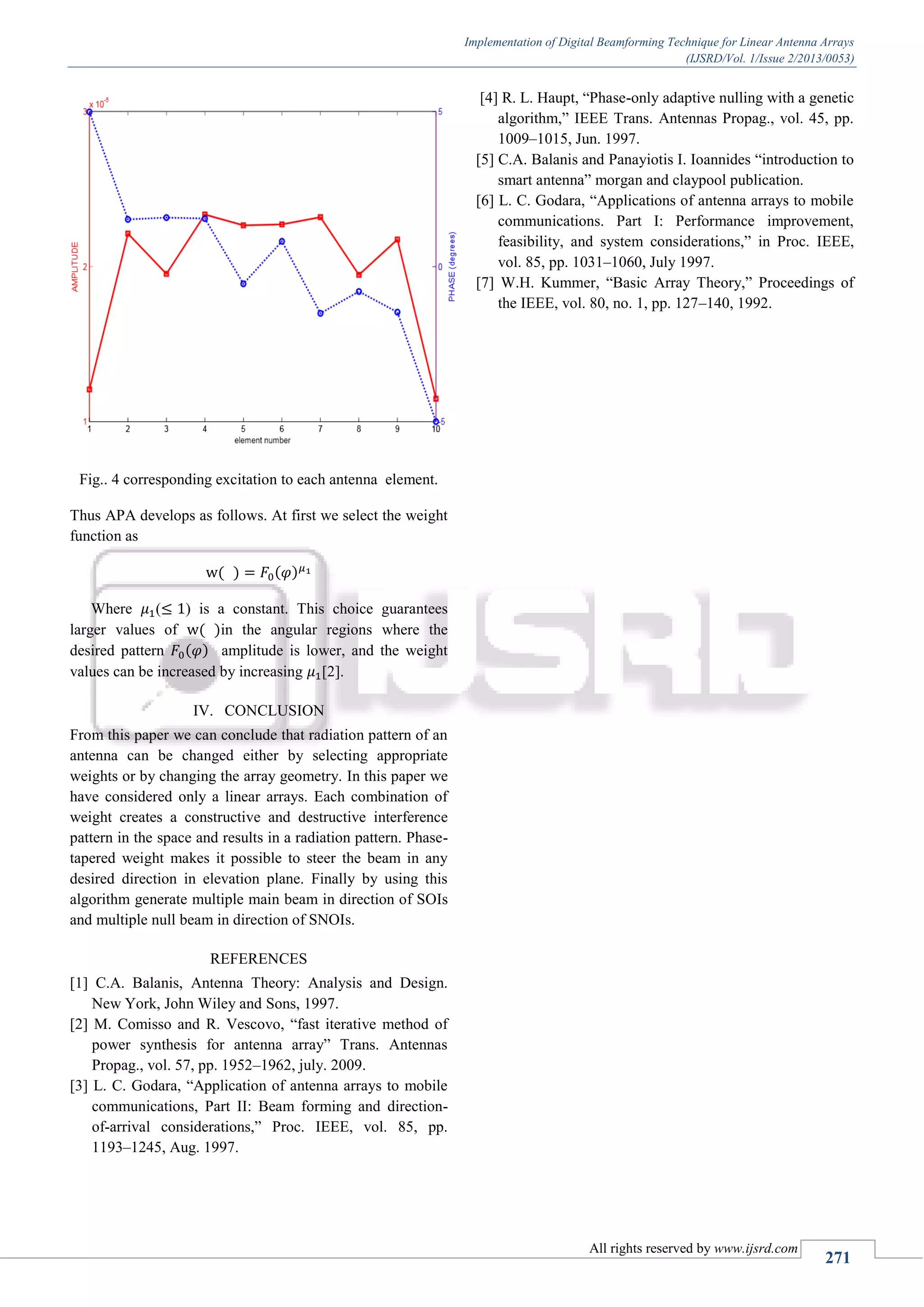 Implementation of Digital Beamforming Technique for Linear Antenna Arrays
(IJSRD/Vol. 1/Issue 2/2013/0053)
All rights reserved by www.ijsrd.com
271
Fig.. 4 corresponding excitation to each antenna element.
Thus APA develops as follows. At first we select the weight
function as
( ) ( )
Where ( ) is a constant. This choice guarantees
larger values of ( )in the angular regions where the
desired pattern ( ) amplitude is lower, and the weight
values can be increased by increasing [2].
IV. CONCLUSION
From this paper we can conclude that radiation pattern of an
antenna can be changed either by selecting appropriate
weights or by changing the array geometry. In this paper we
have considered only a linear arrays. Each combination of
weight creates a constructive and destructive interference
pattern in the space and results in a radiation pattern. Phase-
tapered weight makes it possible to steer the beam in any
desired direction in elevation plane. Finally by using this
algorithm generate multiple main beam in direction of SOIs
and multiple null beam in direction of SNOIs.
REFERENCES
[1] C.A. Balanis, Antenna Theory: Analysis and Design.
New York, John Wiley and Sons, 1997.
[2] M. Comisso and R. Vescovo, “fast iterative method of
power synthesis for antenna array” Trans. Antennas
Propag., vol. 57, pp. 1952–1962, july. 2009.
[3] L. C. Godara, “Application of antenna arrays to mobile
communications, Part II: Beam forming and direction-
of-arrival considerations,” Proc. IEEE, vol. 85, pp.
1193–1245, Aug. 1997.
[4] R. L. Haupt, “Phase-only adaptive nulling with a genetic
algorithm,” IEEE Trans. Antennas Propag., vol. 45, pp.
1009–1015, Jun. 1997.
[5] C.A. Balanis and Panayiotis I. Ioannides “introduction to
smart antenna” morgan and claypool publication.
[6] L. C. Godara, “Applications of antenna arrays to mobile
communications. Part I: Performance improvement,
feasibility, and system considerations,” in Proc. IEEE,
vol. 85, pp. 1031–1060, July 1997.
[7] W.H. Kummer, “Basic Array Theory,” Proceedings of
the IEEE, vol. 80, no. 1, pp. 127–140, 1992.
 