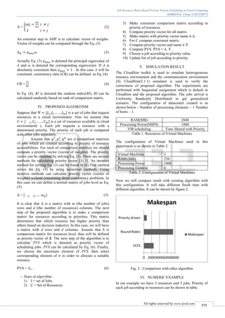 Job Resource Ratio Based Priority Driven Scheduling in Cloud Computing
(IJSRD/Vol. 1/Issue 2/2013/0077)
All rights reserved by www.ijsrd.com
375
A = { (2)
An essential step in AHP is to calculate vector of weights.
Vector of weights can be computed through the Eq. (3)
(3)
Actually Eq. (3) is denoted the principal eigenvalue of
A and is denoted the corresponding eigenvector. If A is
absolutely consistent then . In this case A will be
consistent. consistency ratio (CR) can be defined as Eq. (4).
CR = (4)
In Eq. (4), RI is denoted the random index(RI), RI can be
calculated randomly based on rank of comparison matrix.
IV. PROPOSED ALGORITHM
Suppose that is a set of jobs that request
resources in a cloud environment. Also we assume that
is a set of resources available in cloud
environment( ). Each job requests a resource with a
determined priority. The priority of each job is compared
with other jobs separately.
Assume that are d comparison matrixes
of jobs which are created according to priority of resource
accessibilities. For each of comparison matrixes we should
compute a priority vector (vector of weights). The priority
vector can be obtained by solving Eq. (3). There are several
methods for calculating priority vector [1- 5]. An iterative
method for solving Eq. (3) can be found in [6].That method
solves the Eq. (3) by using numerical methods. Using
iterative methods can calculate priority vector (vector of
weights) without concerning about consistency problems. In
this case we can define a normal matrix of jobs level as Eq.
(5).
Δ = ] (5)
It is clear that Δ is a matrix with m (the number of jobs)
rows and d (the number of resources) columns. The next
step of the proposed algorithm is to make a comparison
matrix for resources according to priorities. This matrix
determines that which resource has higher priority than
others based on decision maker(s). In this case, we will have
a matrix with d rows and d columns. Assume that S is
comparison matrix for resources level, thus will be defined
as priority vector of S. The next step of the algorithm is to
calculate PVS which is denoted as priority vector of
scheduling jobs. PVS can be calculated by Eq. (6). Finally,
we choose the maximum element of PVS, then select
corresponding element of ᴪ in order to allocate a suitable
resource.
PVS = Δ.ᵧ (6)
 Steps of algorithm :
1) J = set of Jobs
2) C = Set of Resources
3) Make consistent comparison matrix according to
priority of resources
4) Compute priority vector for all matrix
5) Make matrix with priority vector name it ∆.
6) For C compute consistent matrix .
7) Compute priority vector and name it Υ.
8) Compute PVS. PVS = ∆. Υ.
9) Choose a job according to priority value
10) Update list of job according to priority.
V. SIMULATION RESULT
The CloudSim toolkit is used to simulate heterogeneous
resource environment and the communication environment
[4]. CloudSim(2.1.1) simulator is used to verify the
correctness of proposed algorithm. The experiments are
performed with Sequential assignment which is default in
CloudSim and the proposed algorithm. The jobs arrival is
Uniformly Randomly Distributed to get generalized
scenario. The configuration of datacenter created is as
shown below - Number of processing elements – 1 Number
of hosts – 1.
RAM(MB) 2048
Processing Power(MIPS) 1000
VM scheduling Time Shared with Priority
Table 1. Resources of Virtual Machines
The configuration of Virtual Machines used in this
experiment is as shown in Table 2.
Virtual Machines 3
RAM (MB) 256
Processing Power 1000
Processing Element 1
Table 2. Configuration of Virtual Machines
Now we will compare result with existing algorithm with
this configuration. It will take different finish time with
different algorithm. It can be shown by figure 2.
Fig. 2 : Comparison with other algorithm
VI. NUMERIC EXAMPLE
In our example we have 3 resources and 3 jobs. Priority of
each job according to resources can be shown in table.
0 2000400060008000
FCFS
Round Robin
Priority driven
Makespan
Makespan
 